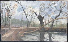 Gefallener Baum über dem Winterdorf Riverside Französische Landschaft Ölgemälde