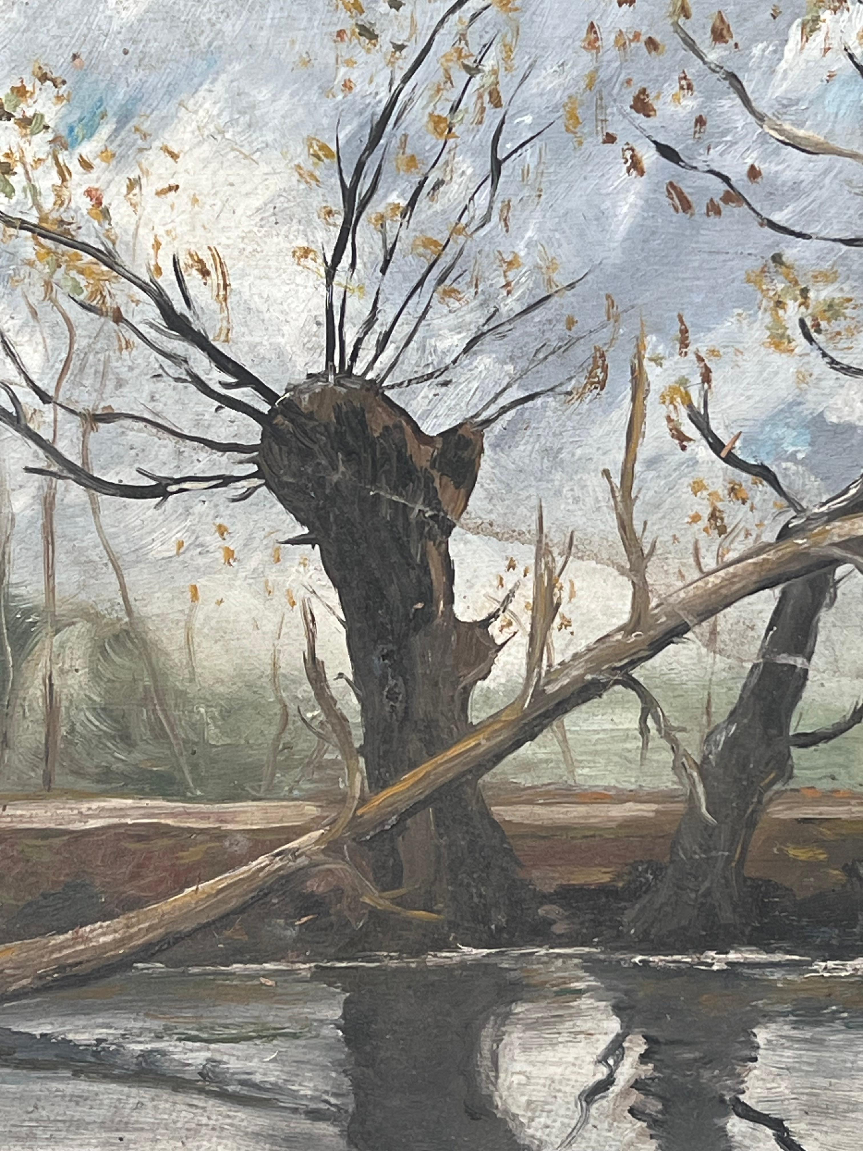 Arbre tombé sur l'hiver Village Riverside Paysage français Peinture à l'huile - Impressionnisme Painting par Fanch Lel