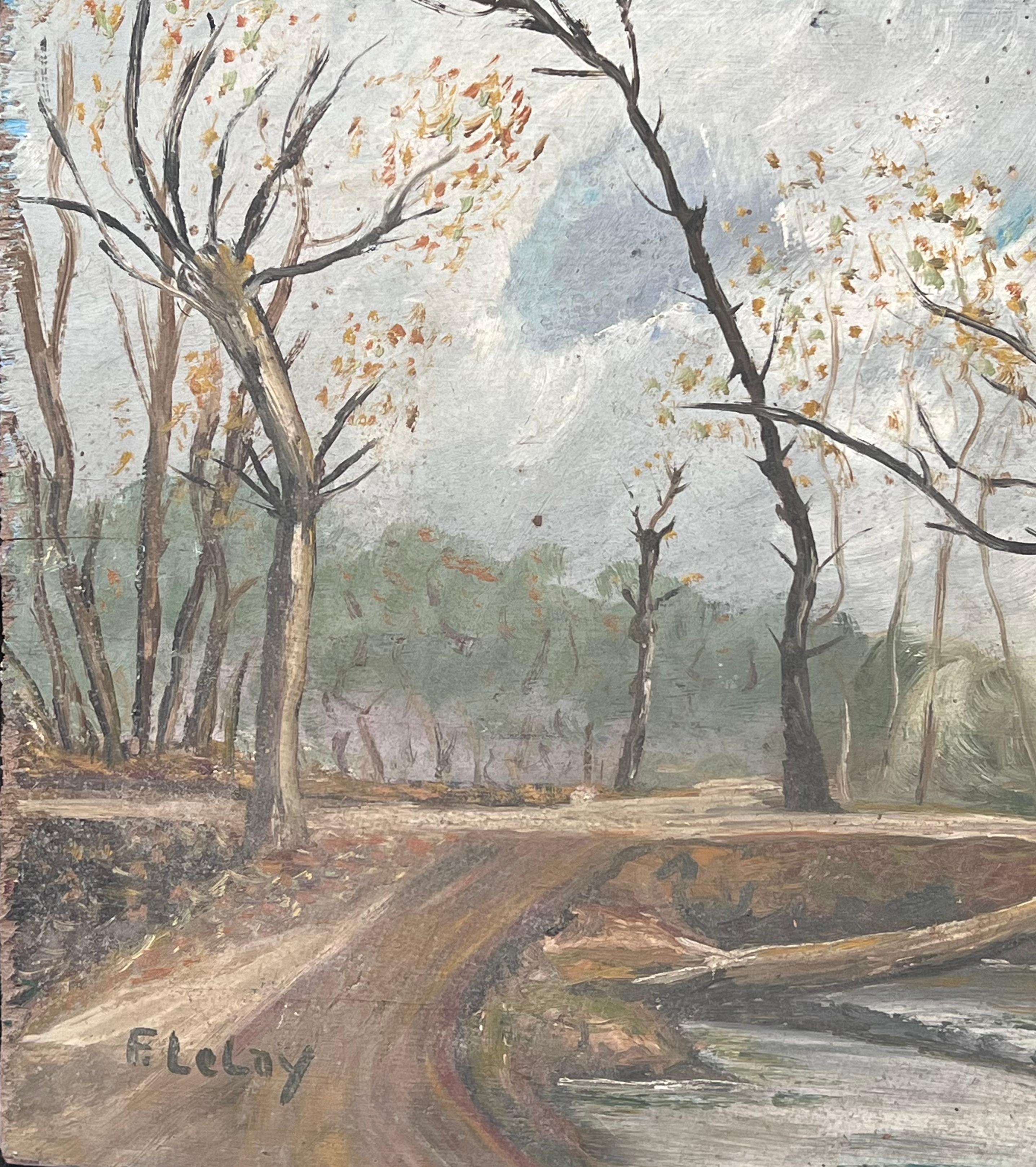 Riverside d'hiver
Signé par Fanch Lel
Taille : 10 x 16 pouces (hauteur x largeur)
Double face 
Peinture à l'huile sur carton, non encadrée
Condit : Bon état général avec de légères marques de manipulation en surface et une légère usure sur les