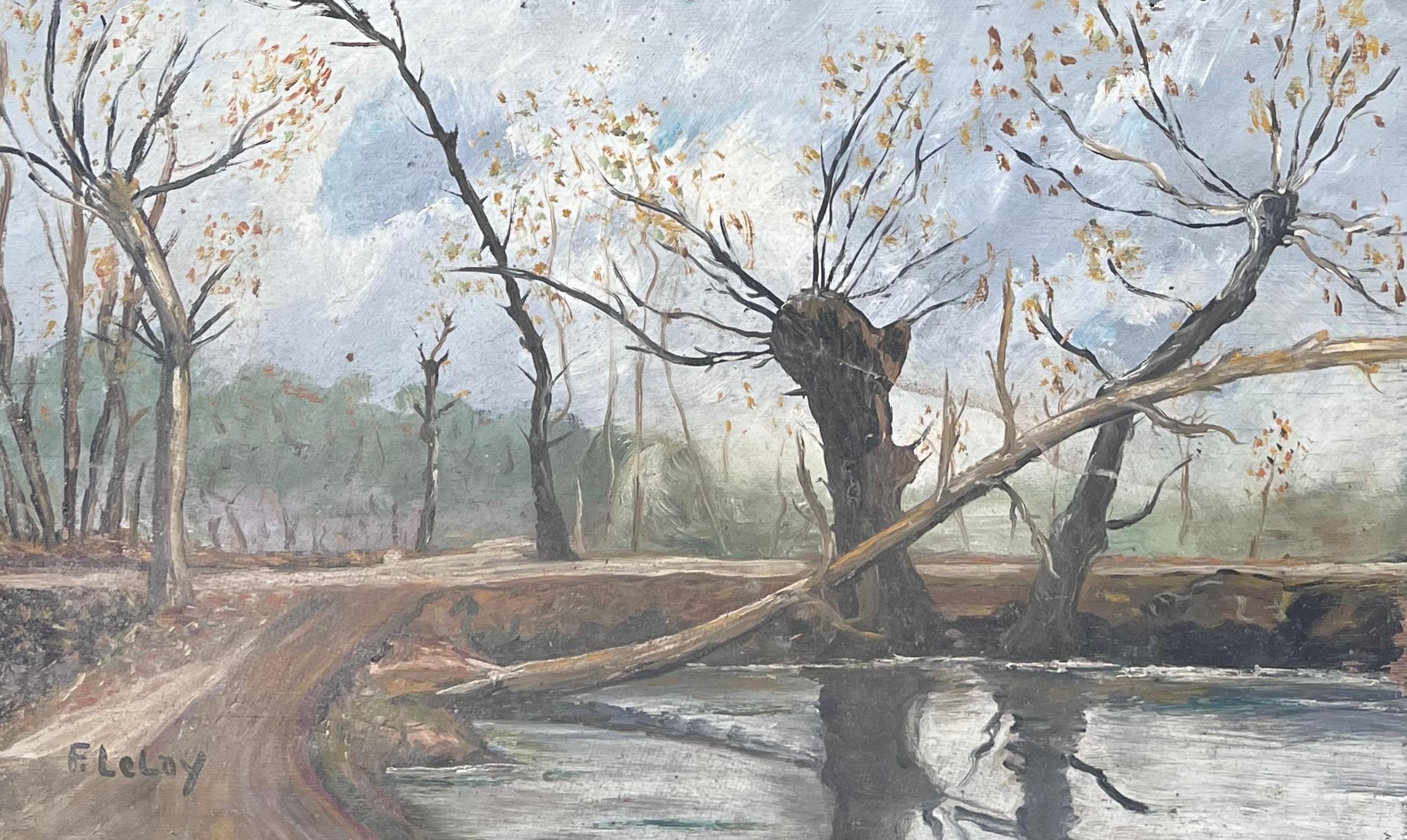 Landscape Painting Fanch Lel - Arbre tombé sur l'hiver Village Riverside Paysage français Peinture à l'huile