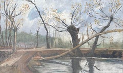 Arbre tombé sur l'hiver Village Riverside Paysage français Peinture à l'huile