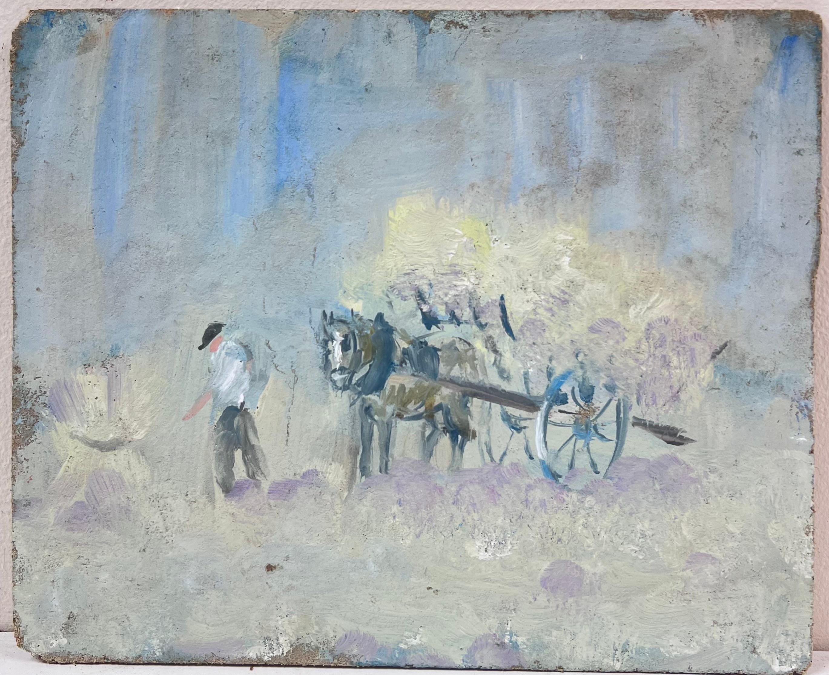 Farmer and His Horse-Drawn Cart Amidst a Pastel Color Landscape French Oil - Painting by Fanch Lel
