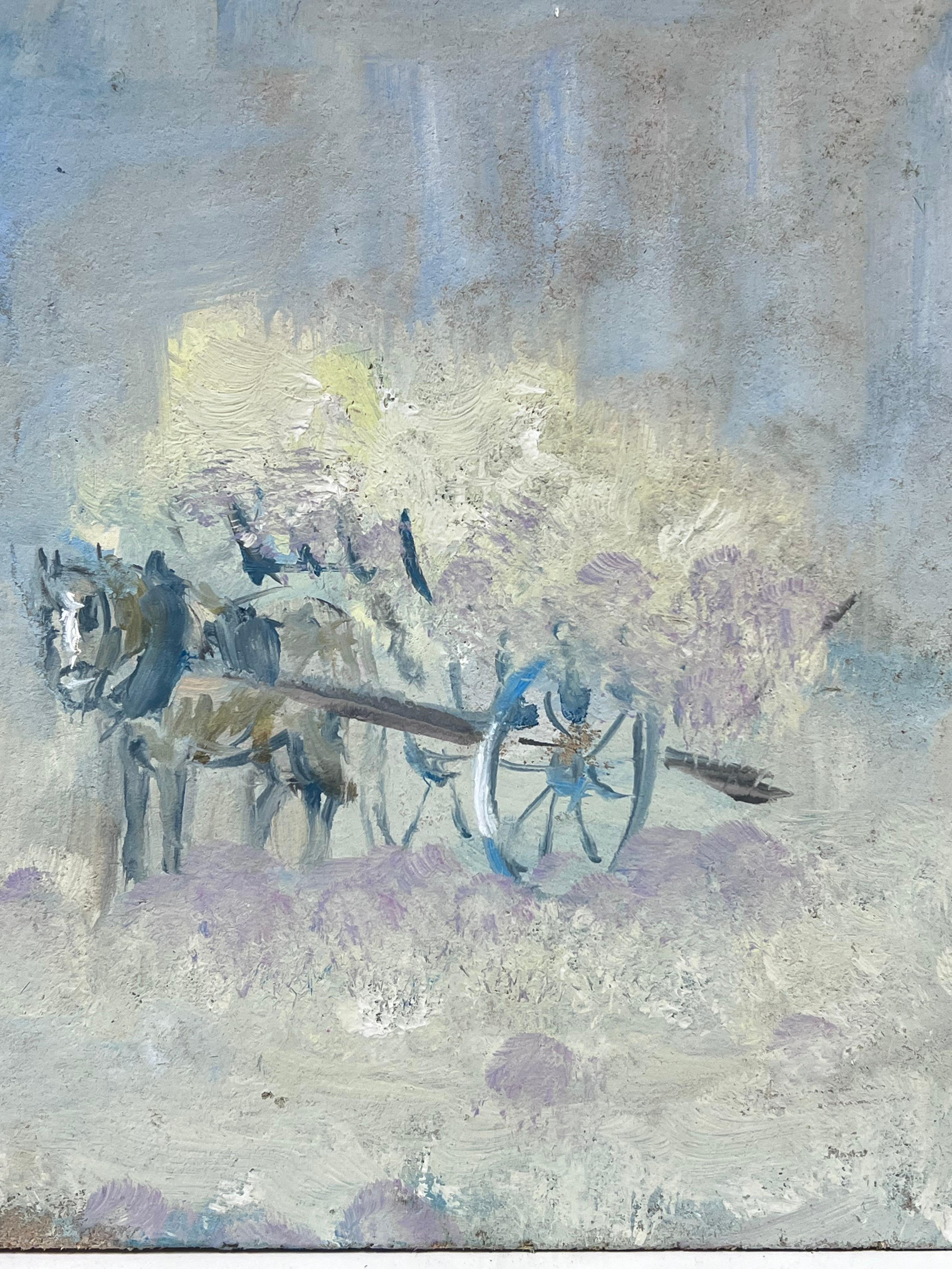 Farmer and His Horse-Drawn Cart Amidst a Pastel Color Landscape French Oil - Impressionist Painting by Fanch Lel
