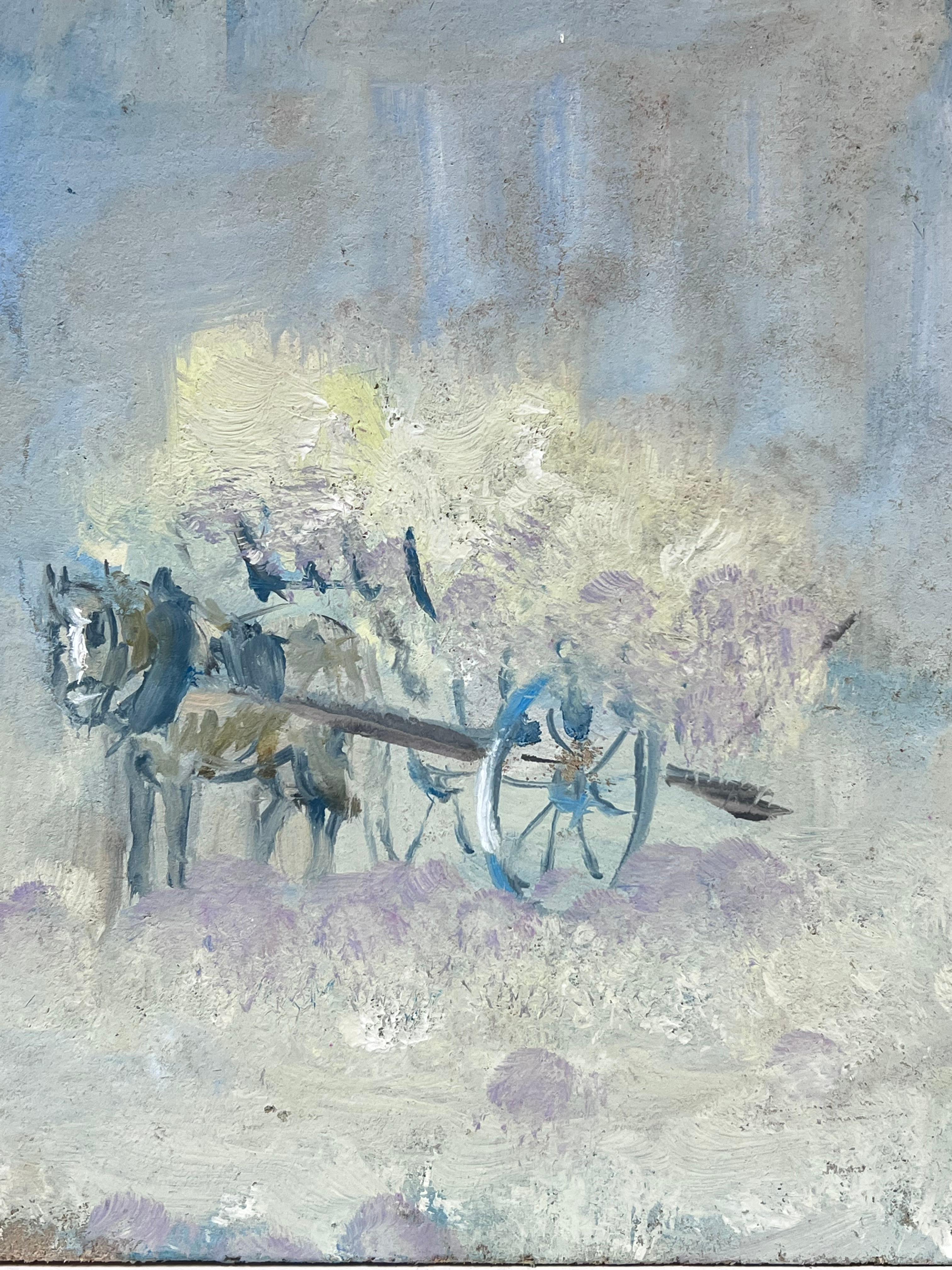 Farmer and His Horse-Drawn Cart Amidst a Pastel Color Landscape French Oil - Gray Figurative Painting by Fanch Lel
