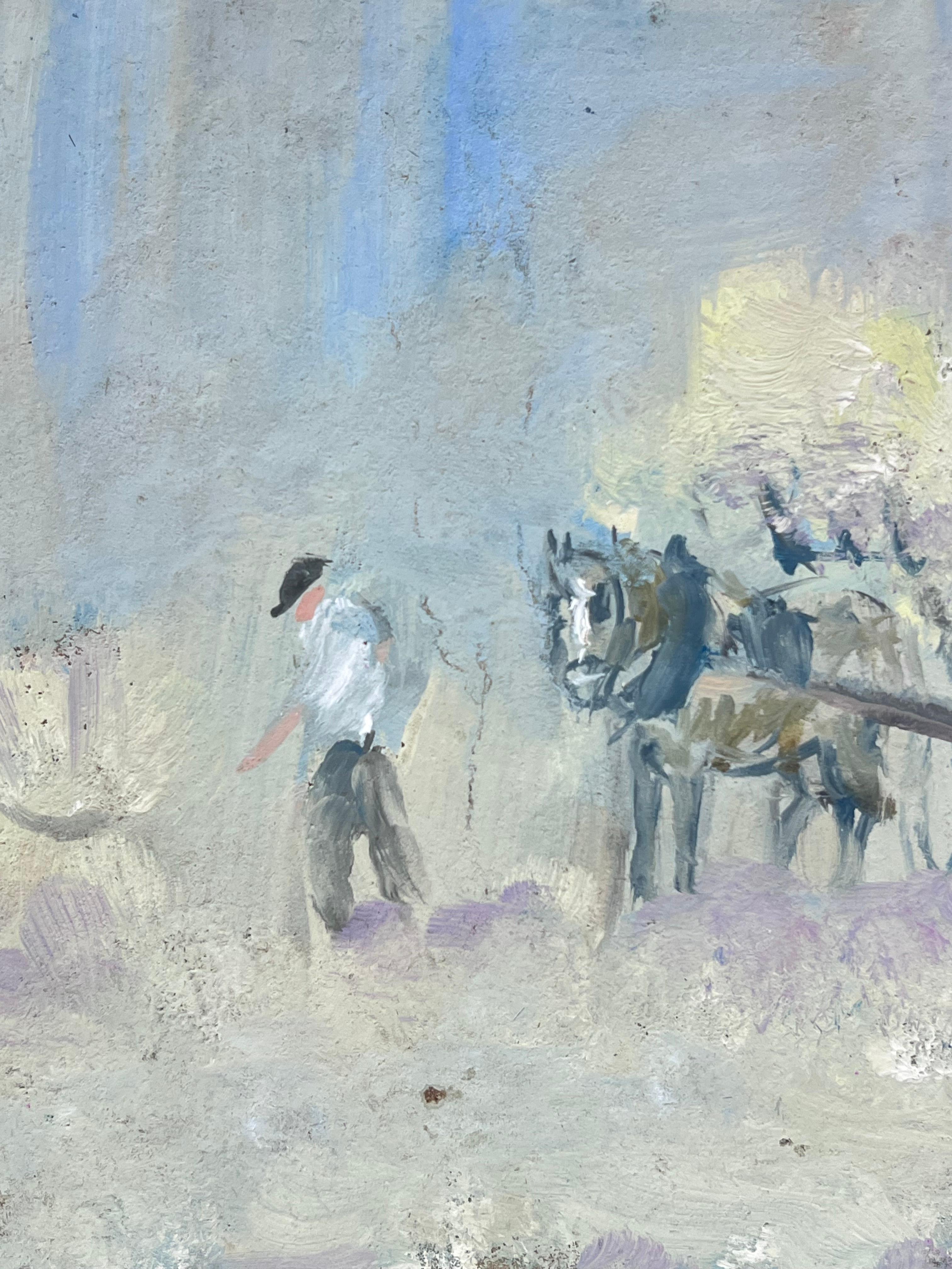 Quiet Moments in the Countryside
by Fanch Lel (French b. 1930)
size: 9 x 10.5 inches
oil painting on board, unframed
condition: the painting is in very good condition. It has previously been stored in the artists studio. 

Provenance: all the