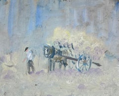 Farmer and His Horse-Drawn Cart Amidst a Pastel Color Landscape French Oil