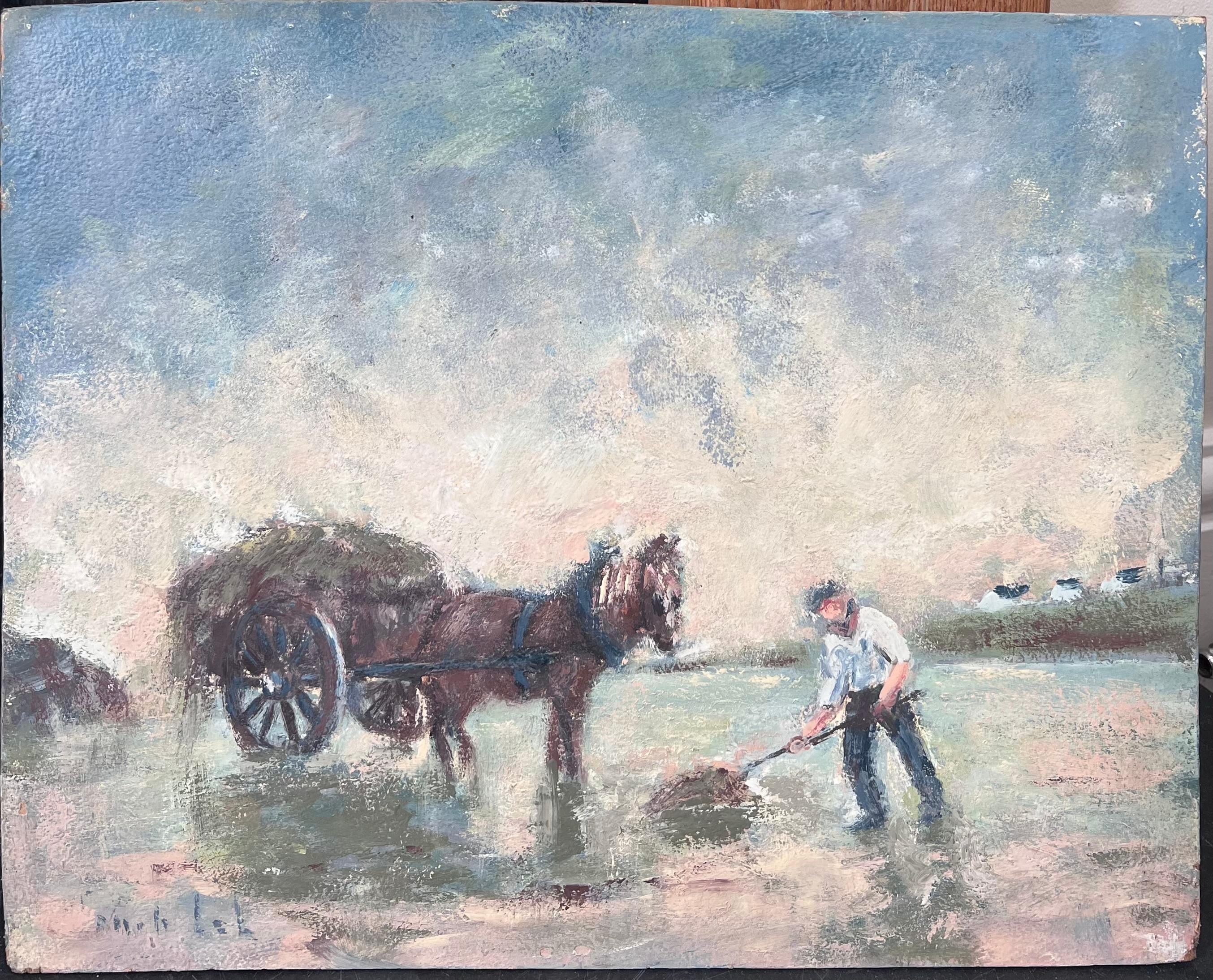 Contadino e cavallo in un campo pastorale francese Pittura ad olio - Painting di Fanch Lel