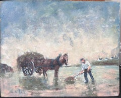 Farmer and Horse In a Pastoral French Field Landscape Oil Painting