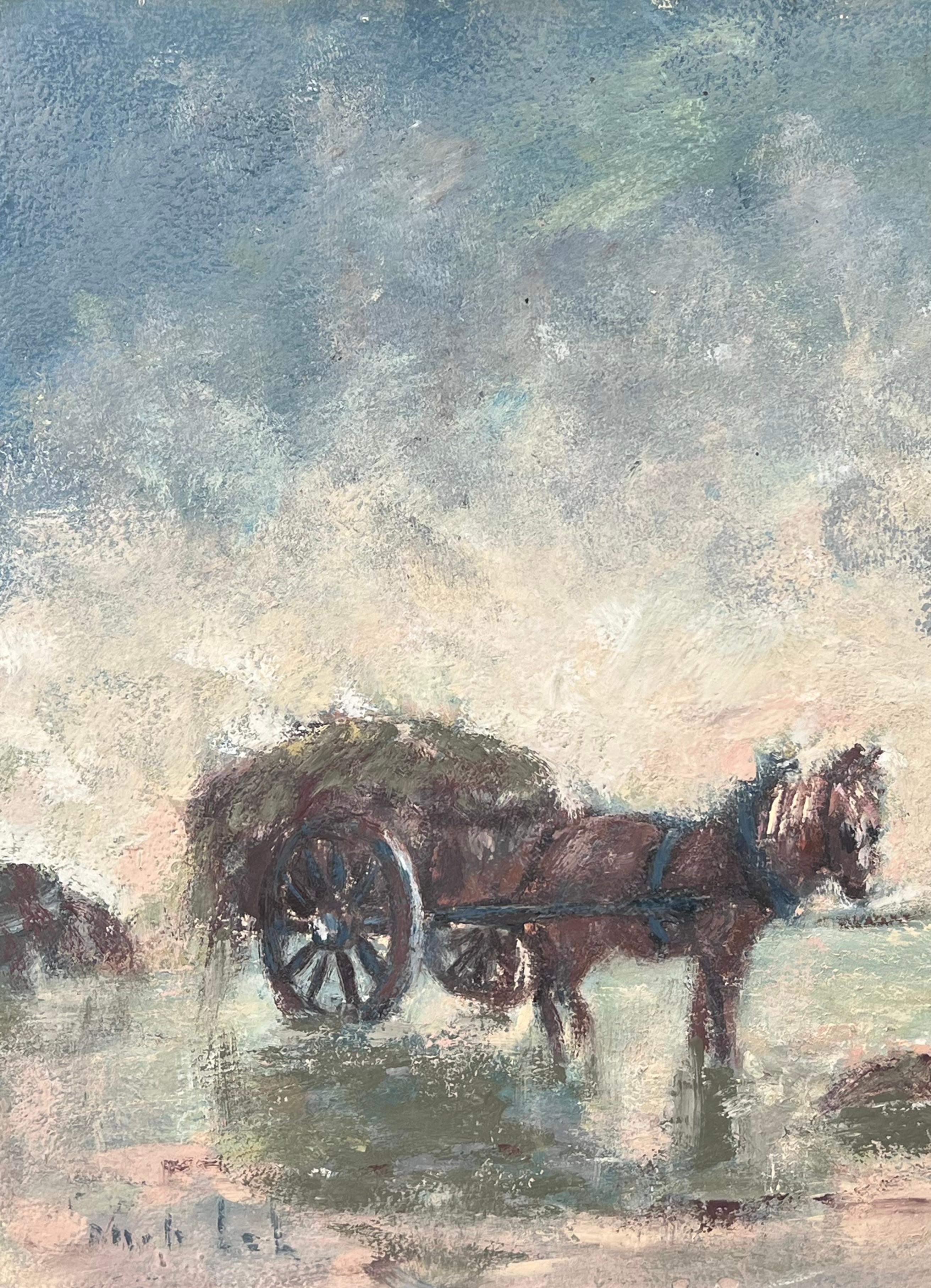 Contadino e cavallo in un campo pastorale francese Pittura ad olio - Painting Impressionismo di Fanch Lel