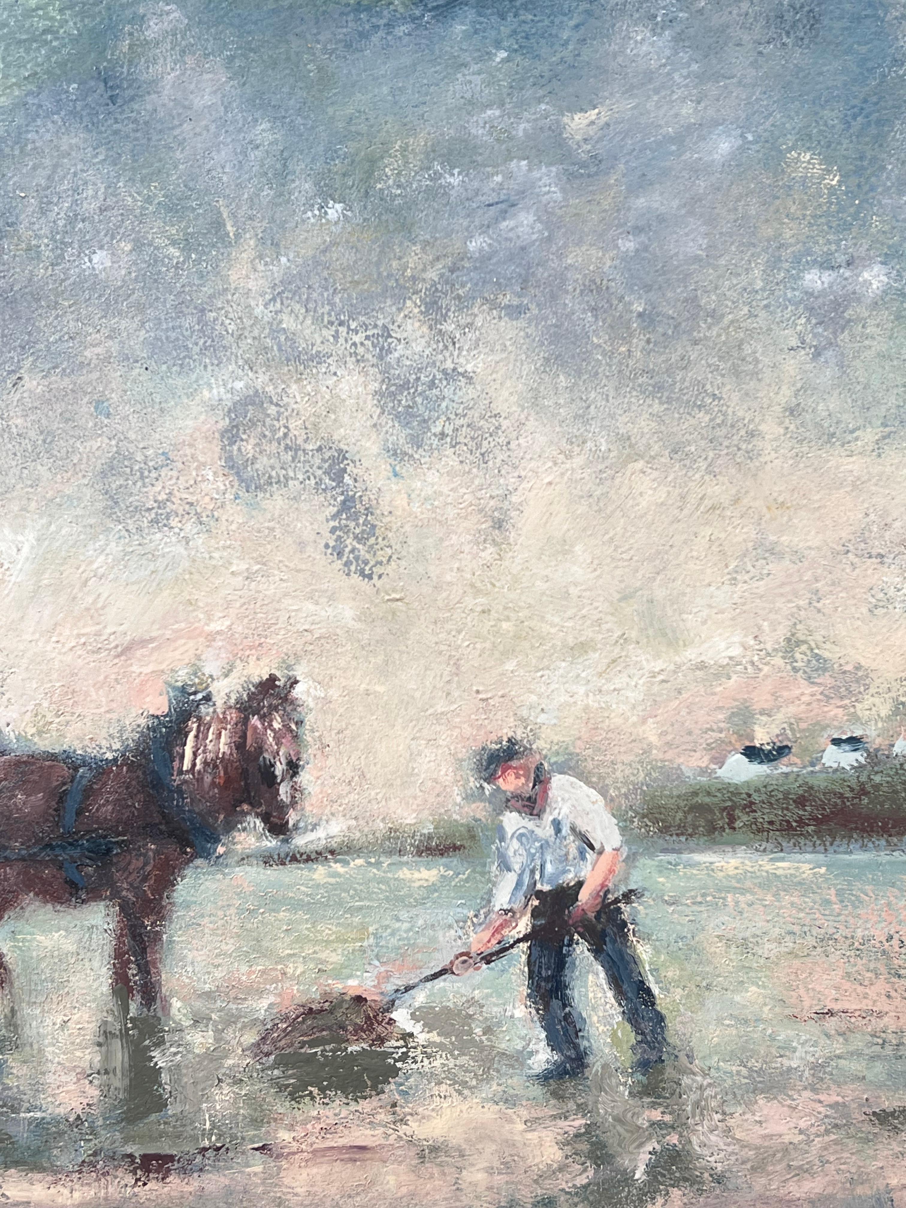 Contadino e cavallo in un campo pastorale francese Pittura ad olio - Landscape Painting Grigio di Fanch Lel