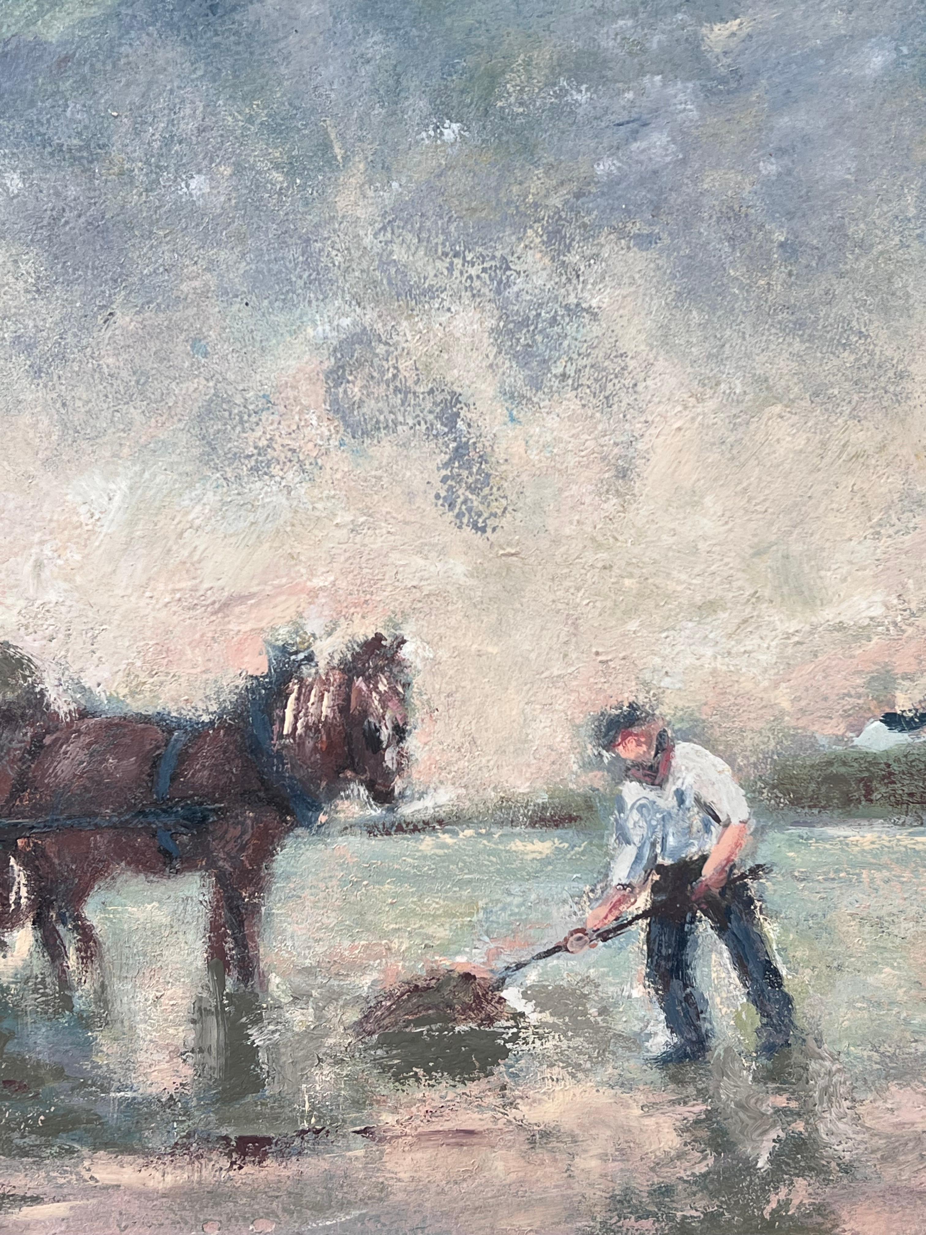 Contadino e cavallo in un campo pastorale francese Pittura ad olio in vendita 1