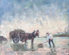 Contadino e cavallo in un campo pastorale francese Pittura ad olio