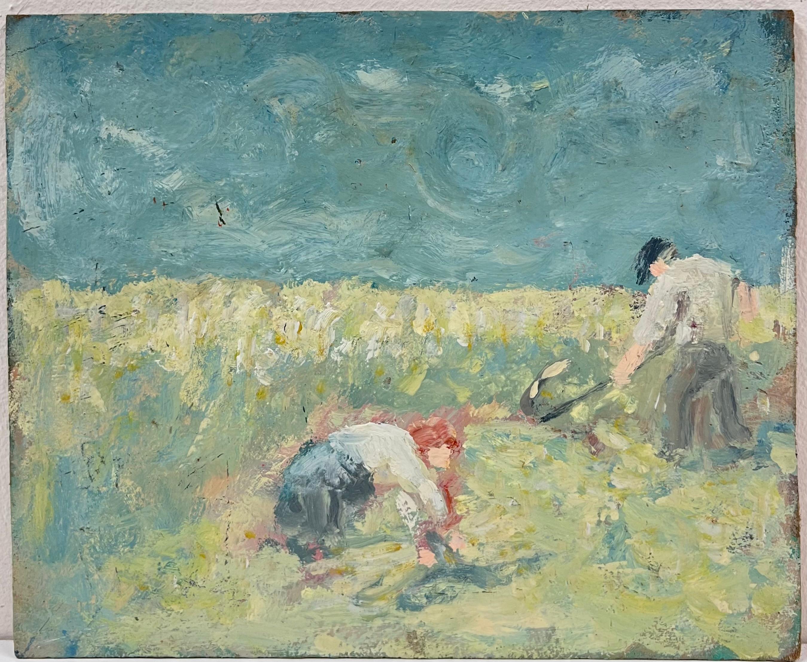 Contadini al lavoro in un paesaggio illuminato dal sole sotto un cielo blu intenso Pittura a olio francese - Painting di Fanch Lel