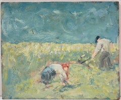 Farmers Working in Sunlit Landscape Beneath a Deep Blue Sky French Oil Painting