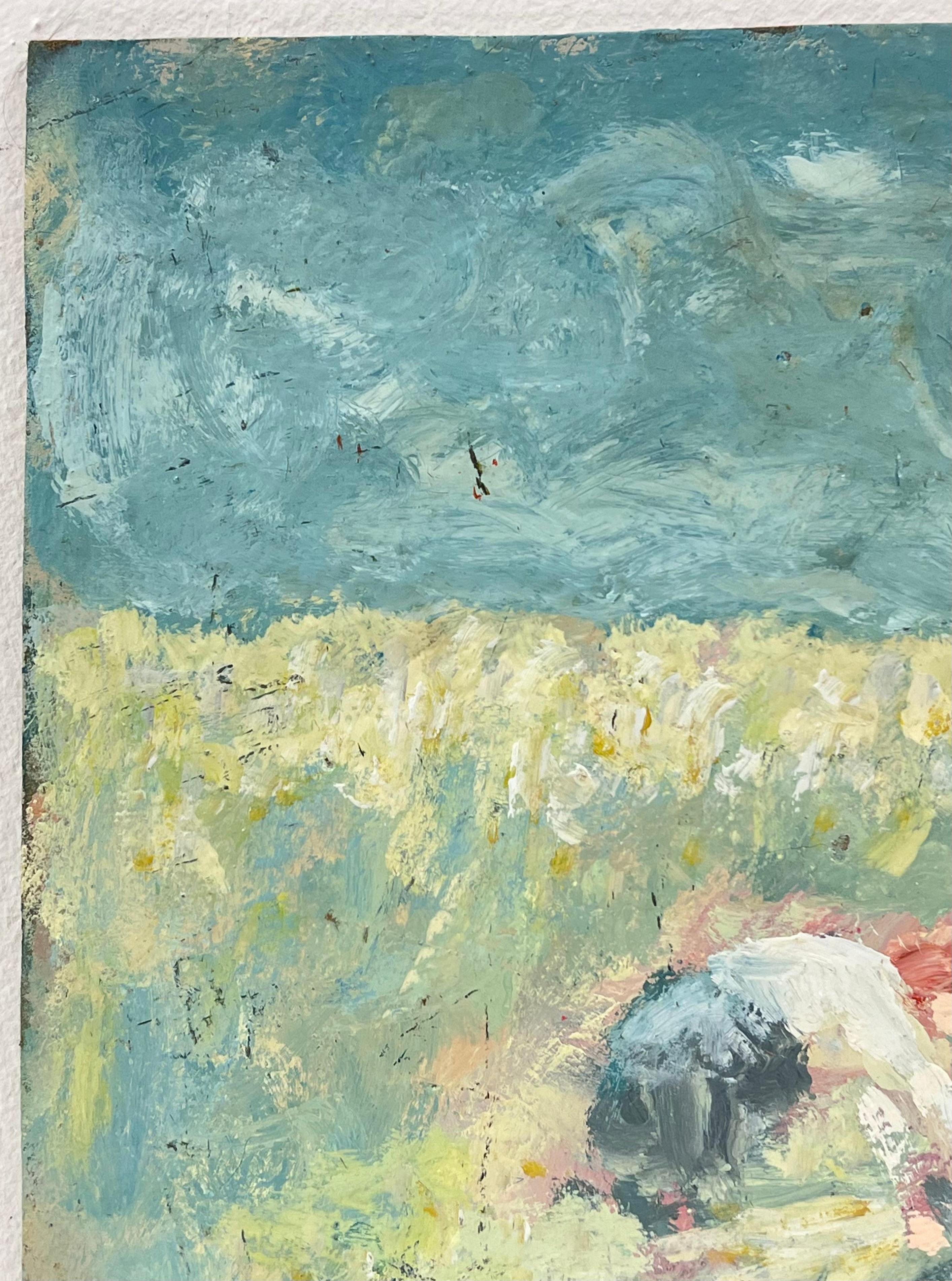 Contadini al lavoro in un paesaggio illuminato dal sole sotto un cielo blu intenso Pittura a olio francese - Painting Impressionismo di Fanch Lel