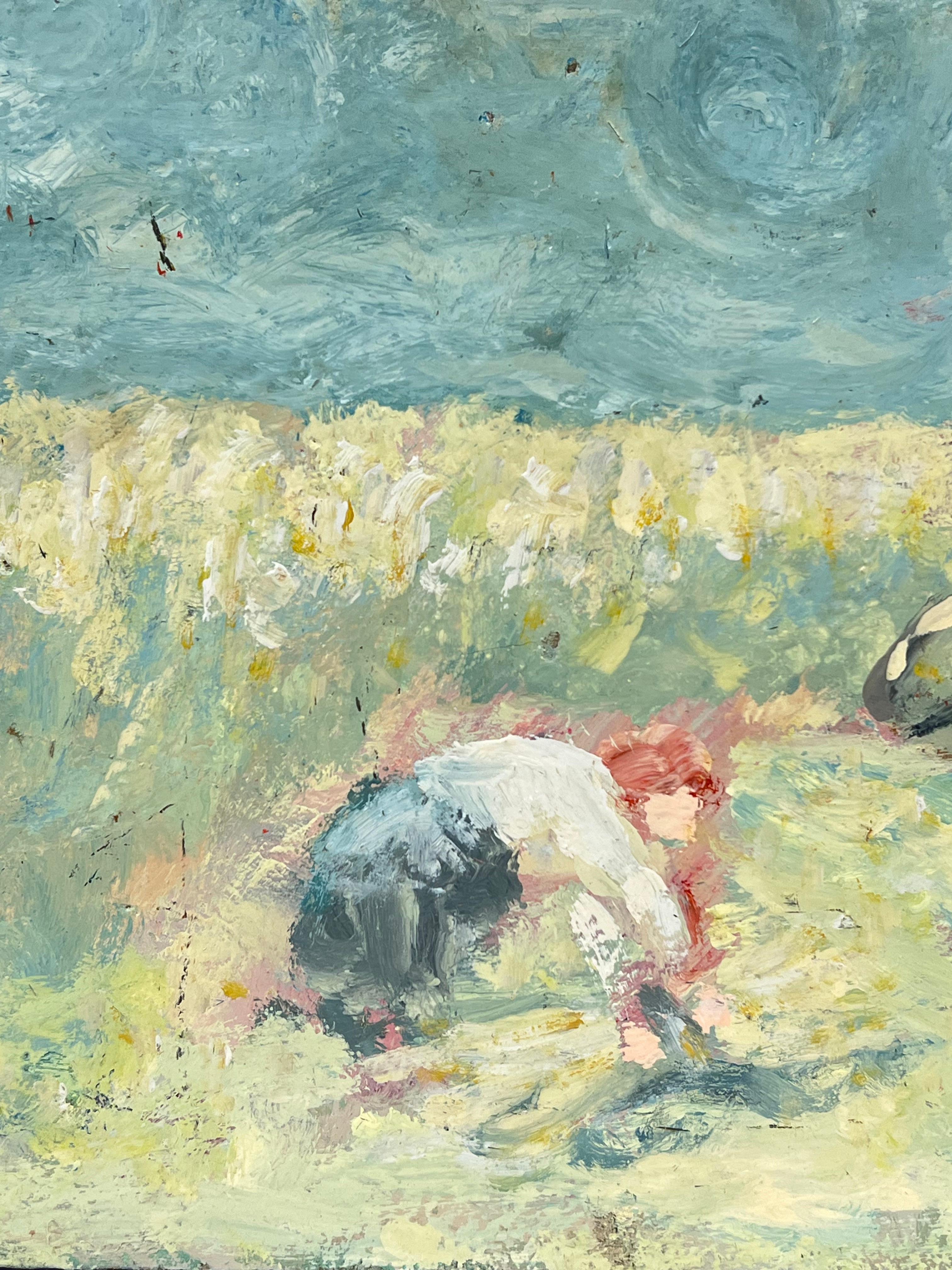 Contadini al lavoro in un paesaggio illuminato dal sole sotto un cielo blu intenso Pittura a olio francese - Landscape Painting Grigio di Fanch Lel