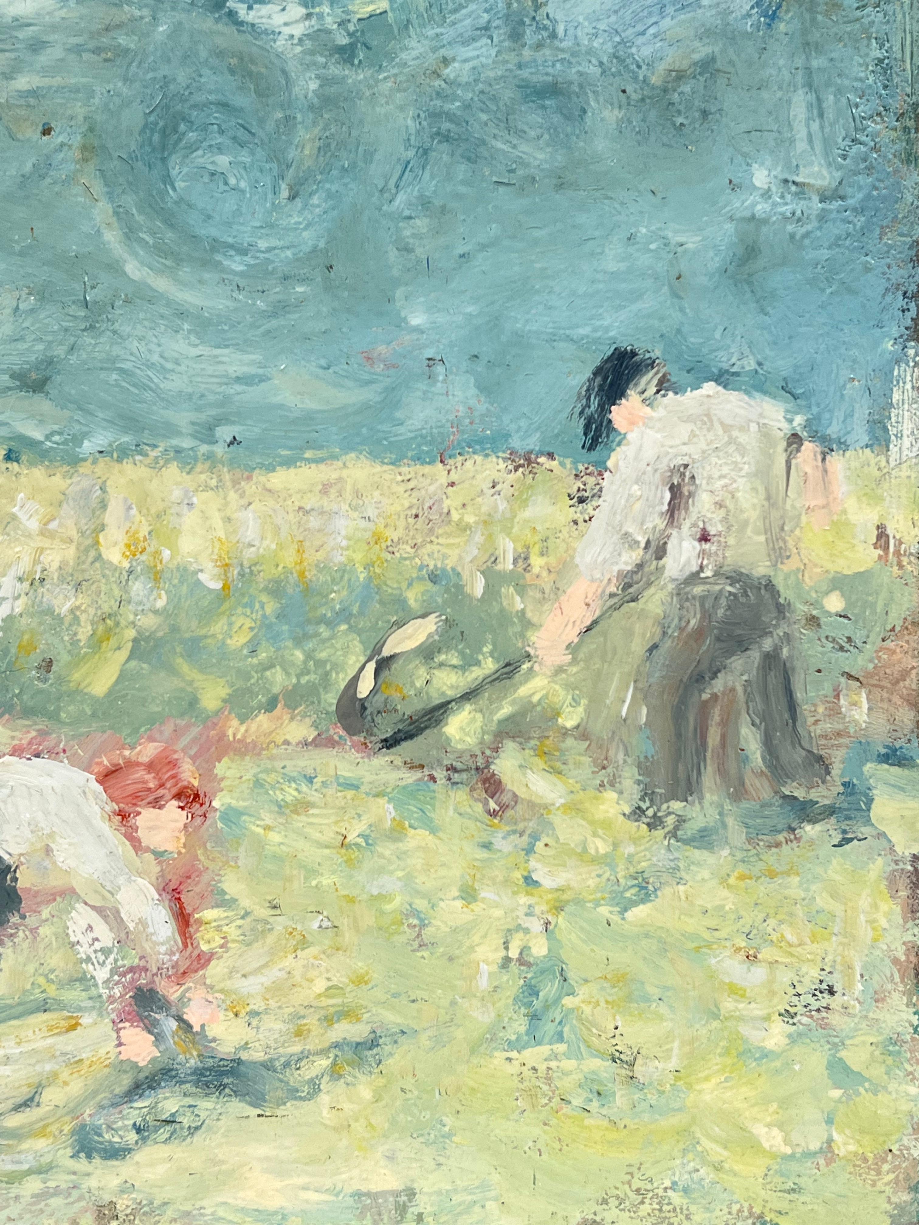 Faticare nei campi
di Fanch Lel (francese, nato nel 1930)
dimensioni: 8,75 x 10,75 pollici
dipinto a olio su tavola, senza cornice
condizioni: il dipinto è in ottime condizioni. In precedenza è stato conservato nello studio dell'artista.