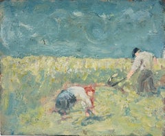 Campesinos trabajando en un paisaje iluminado por el sol bajo un cielo azul profundo Pintura al óleo francesa