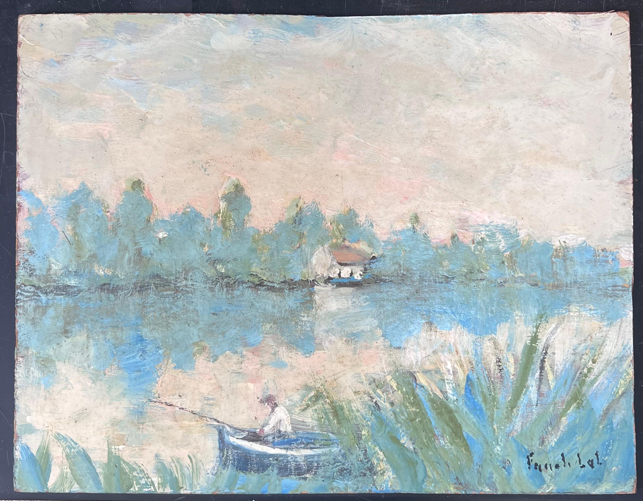 Figur beim Fischen in Moos Sommersee Französische Landschaft Ölgemälde – Painting von Fanch Lel