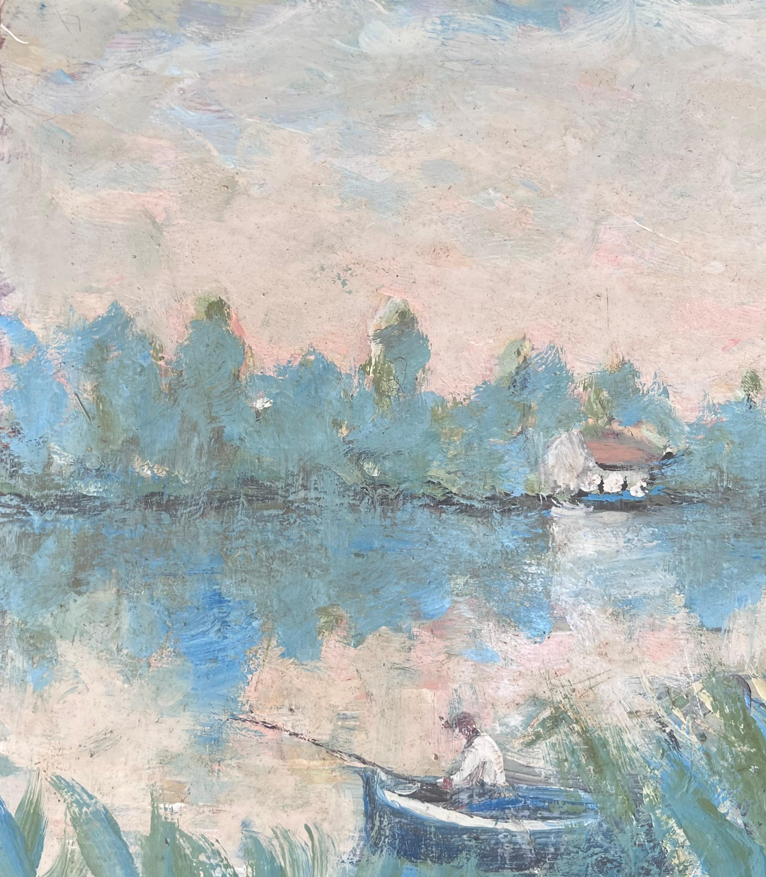 Figur beim Fischen in Moos Sommersee Französische Landschaft Ölgemälde (Grau), Figurative Painting, von Fanch Lel
