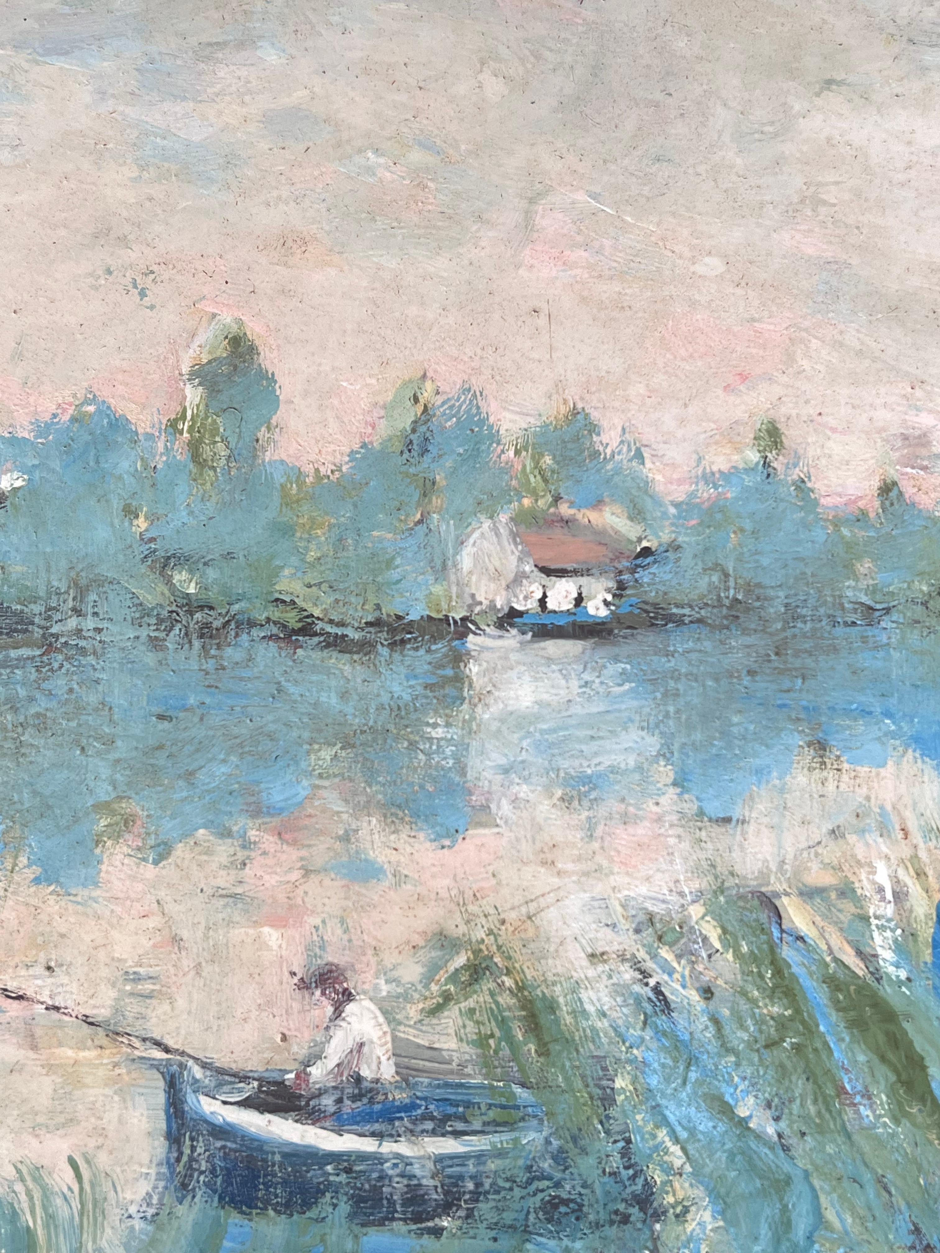 Figur beim Fischen in Moos Sommersee Französische Landschaft Ölgemälde im Angebot 1