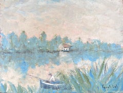 Figur beim Fischen in Moos Sommersee Französische Landschaft Ölgemälde
