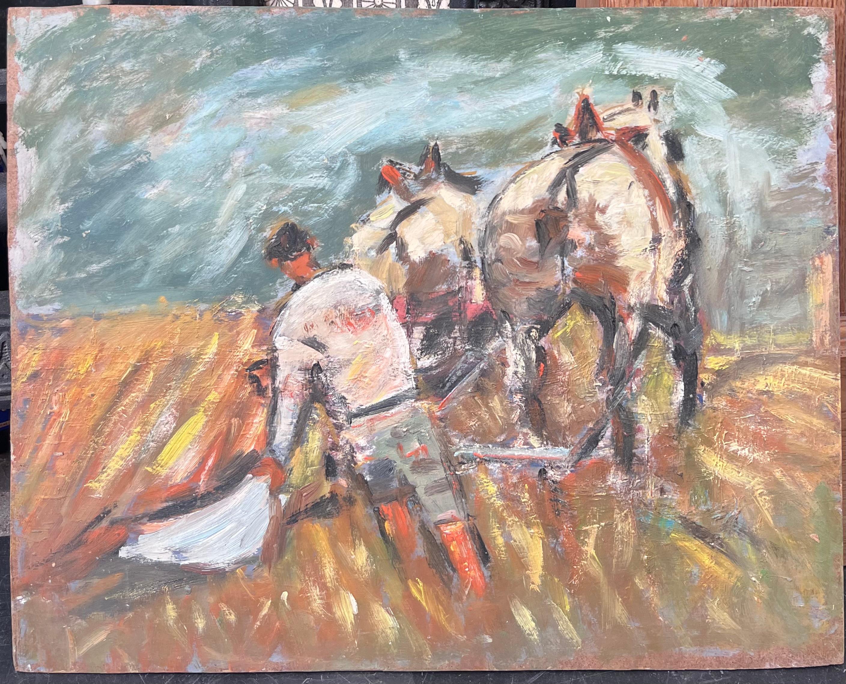 Figura che ara il campo di raccolto arancione guidata dai cavalli Pittura ad olio francese - Painting di Fanch Lel