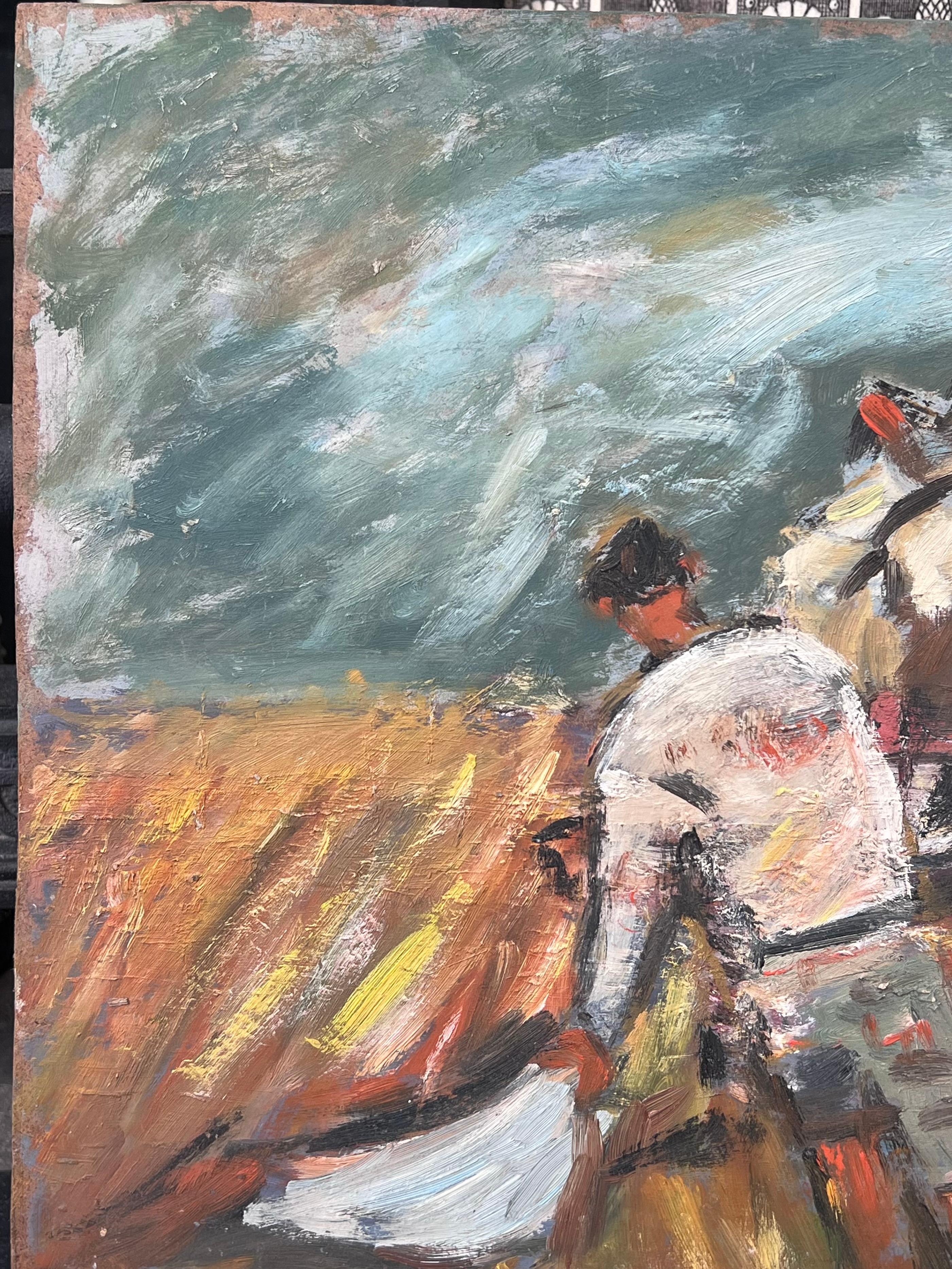 Figura che ara il campo di raccolto arancione guidata dai cavalli Pittura ad olio francese - Landscape Painting Arancia di Fanch Lel