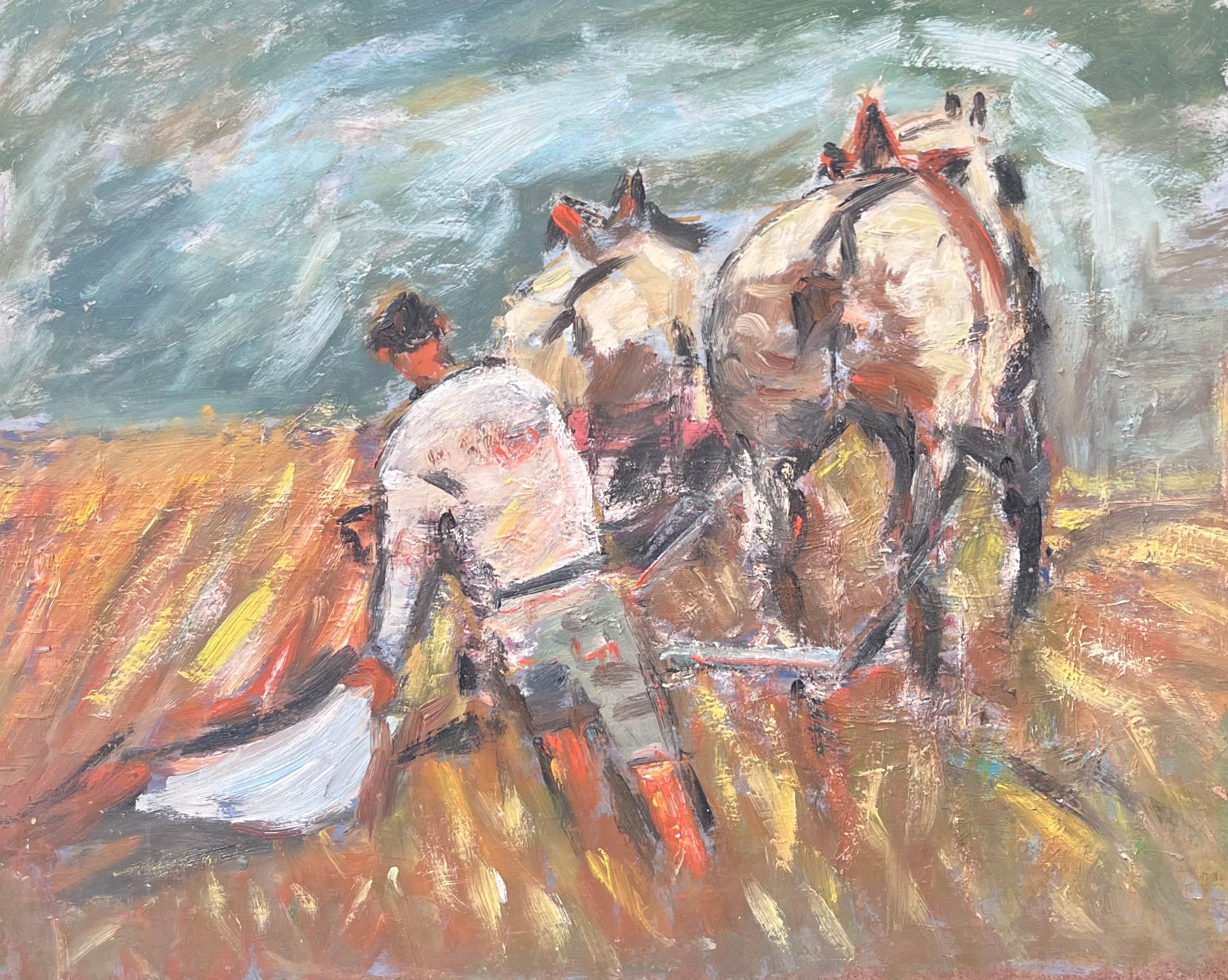 Figura che ara il campo di raccolto arancione guidata dai cavalli Pittura ad olio francese