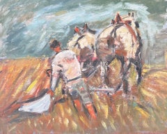 Figura che ara il campo di raccolto arancione guidata dai cavalli Pittura ad olio francese