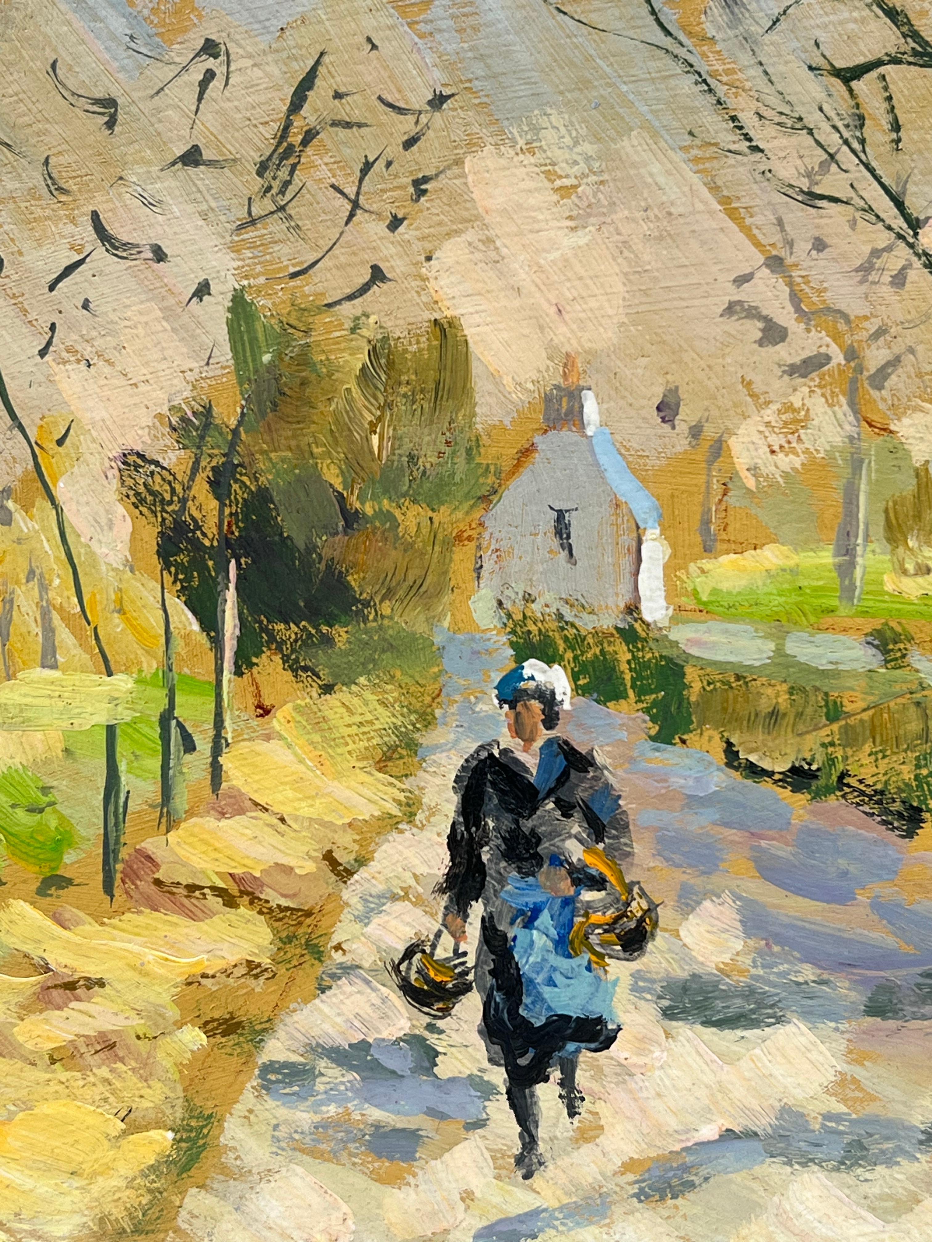 Figura Passeggiare nel cottage illuminato dal sole Sentiero rurale Normandia Francia - Painting di Fanch Lel