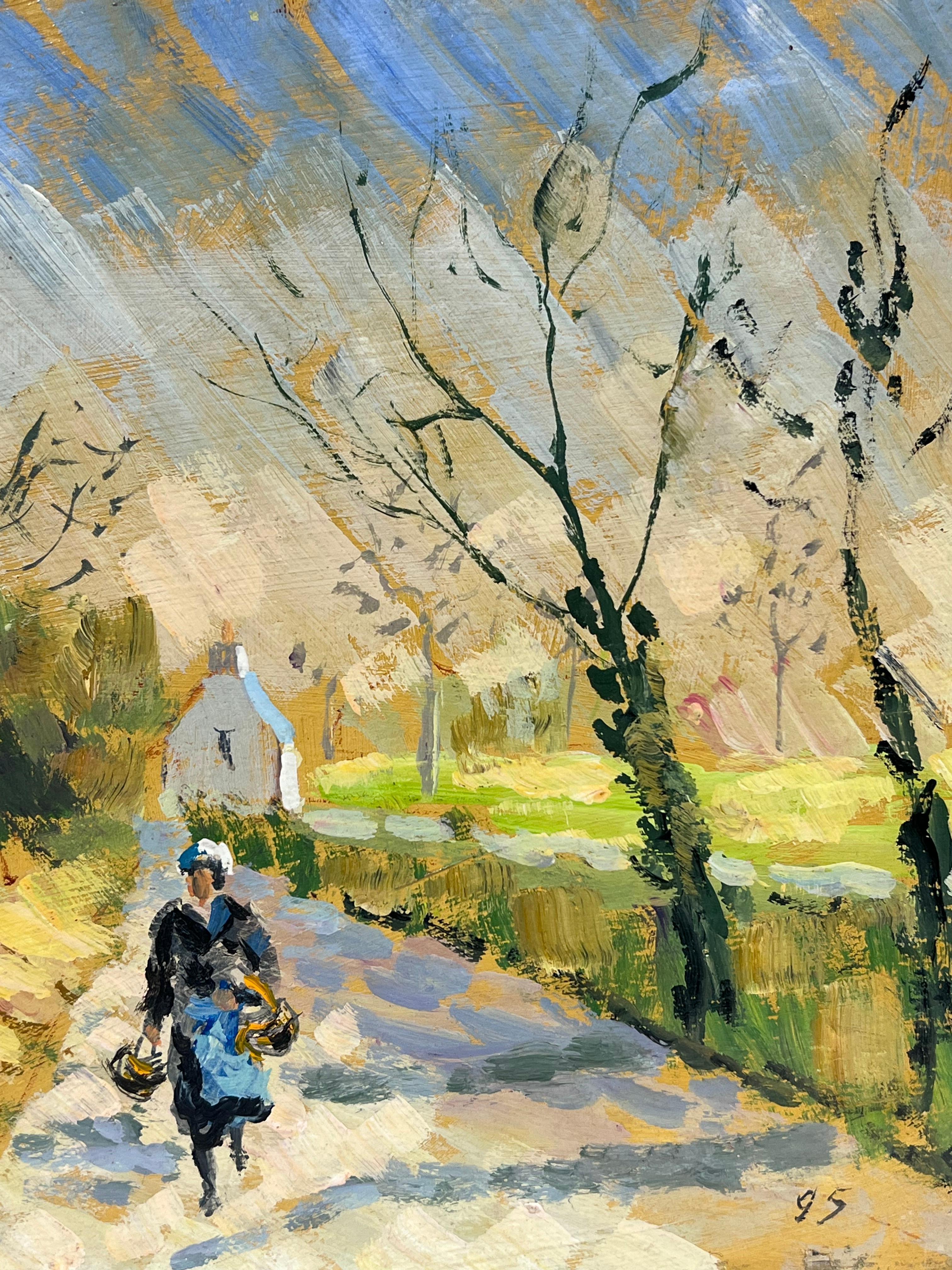 Figura Passeggiare nel cottage illuminato dal sole Sentiero rurale Normandia Francia - Painting Impressionismo di Fanch Lel