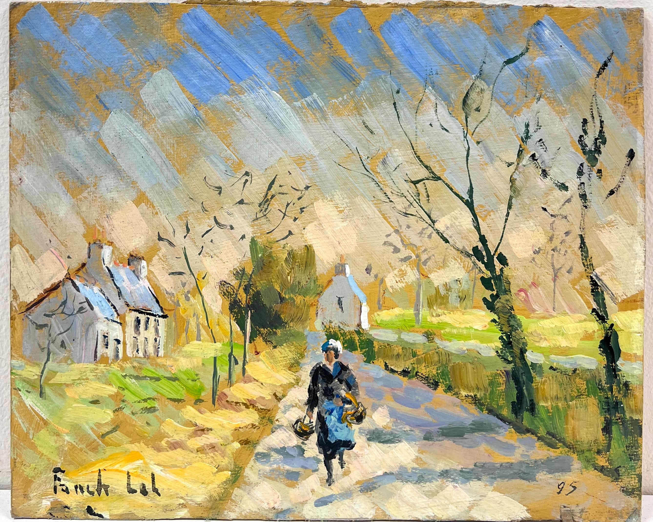 Figura Passeggiare nel cottage illuminato dal sole Sentiero rurale Normandia Francia - Landscape Painting Beige di Fanch Lel