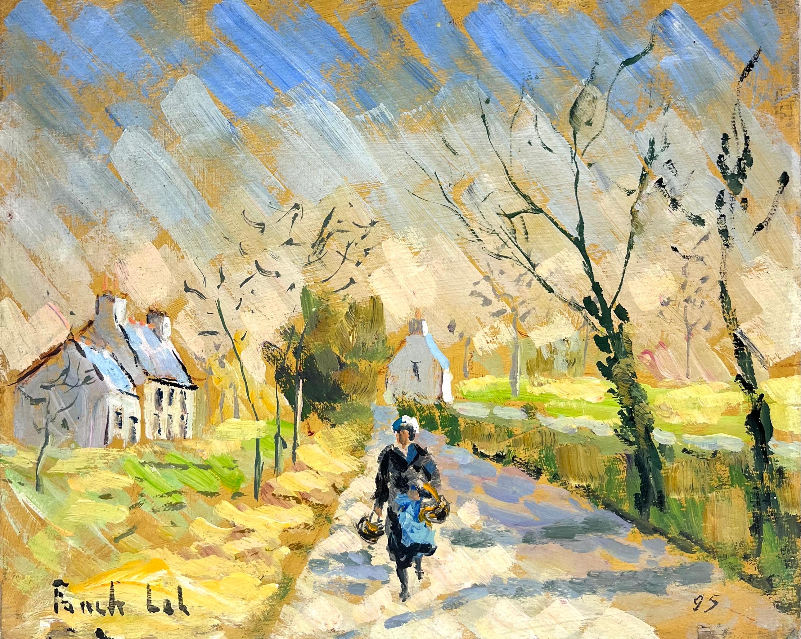 Landscape Painting di Fanch Lel - Figura Passeggiare nel cottage illuminato dal sole Sentiero rurale Normandia Francia