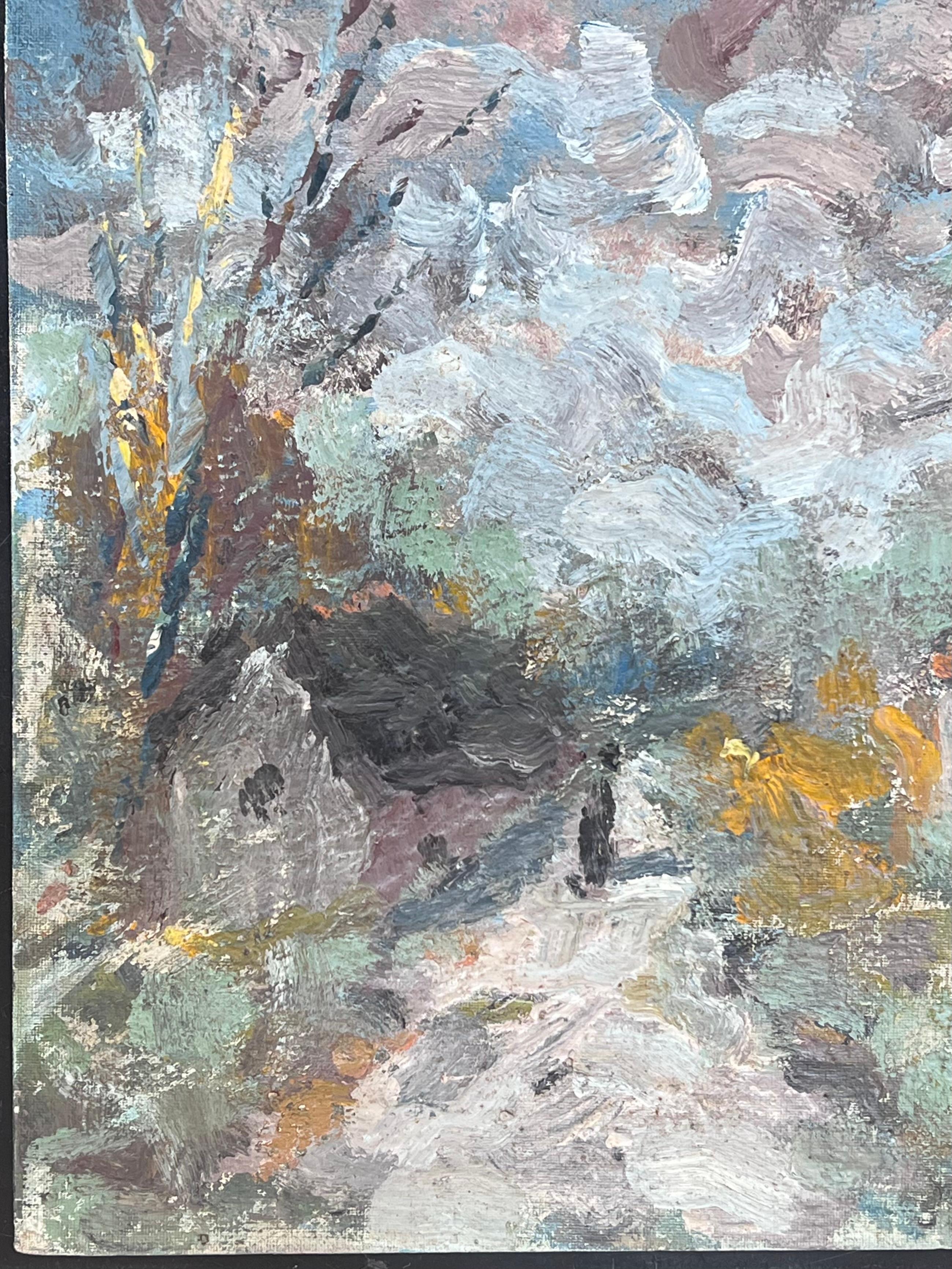 Figur schlendert durch das ländliche Dorf Weg Französisch Ölgemälde – Painting von Fanch Lel