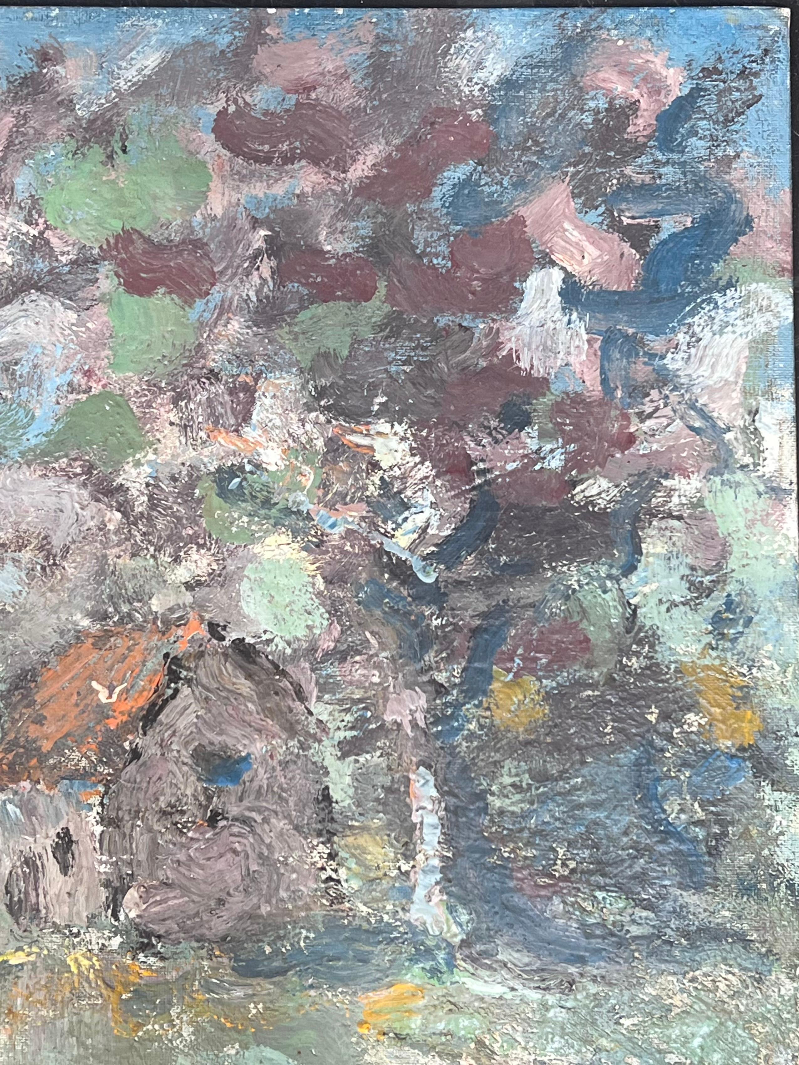 Figur schlendert durch das ländliche Dorf Weg Französisch Ölgemälde (Grau), Landscape Painting, von Fanch Lel