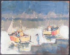 Figura e due barche a vela luminose in un paesaggio francese dipinto a olio