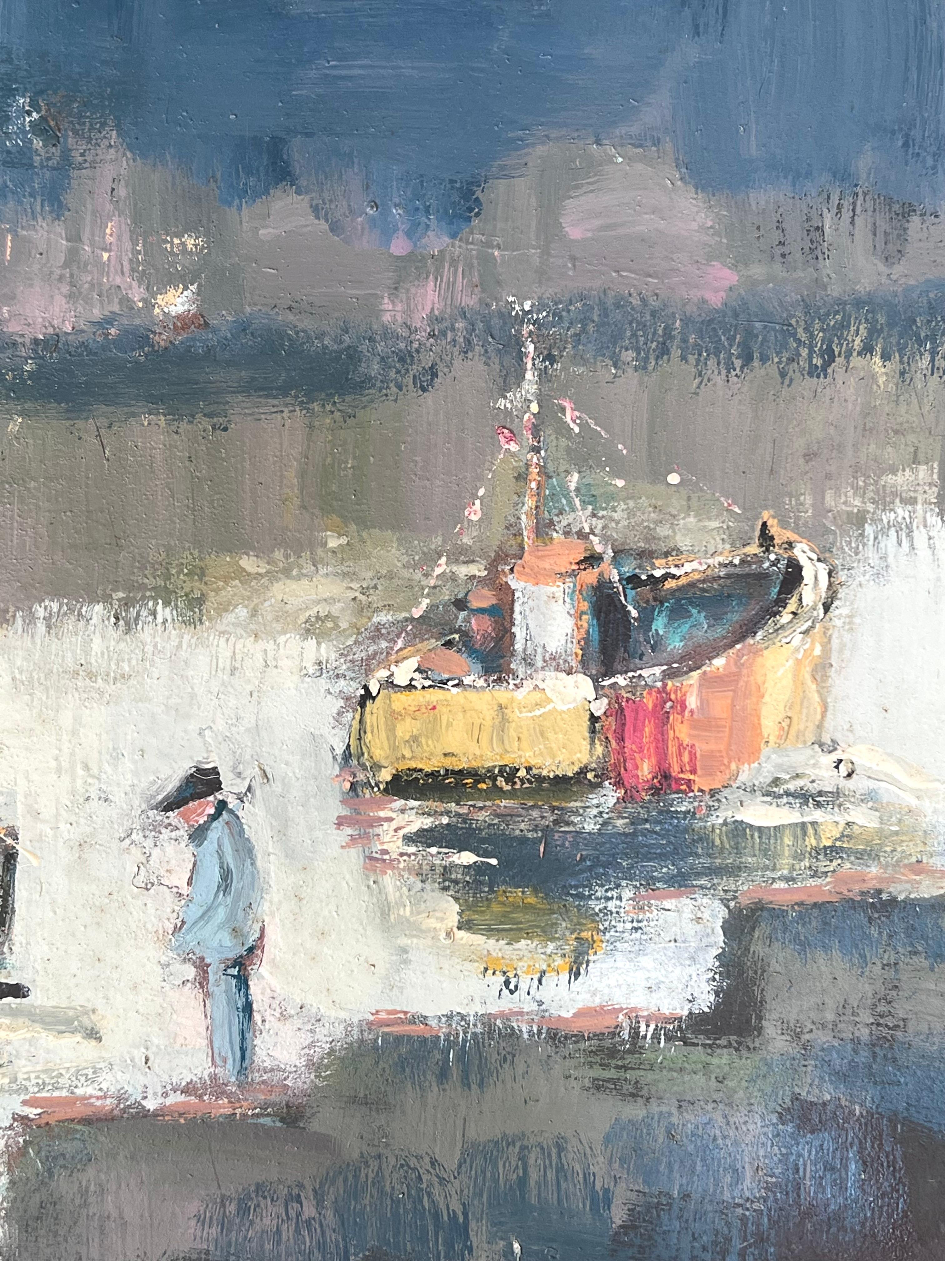 Figura e due barche a vela luminose in un paesaggio francese dipinto a olio - Painting Impressionismo di Fanch Lel