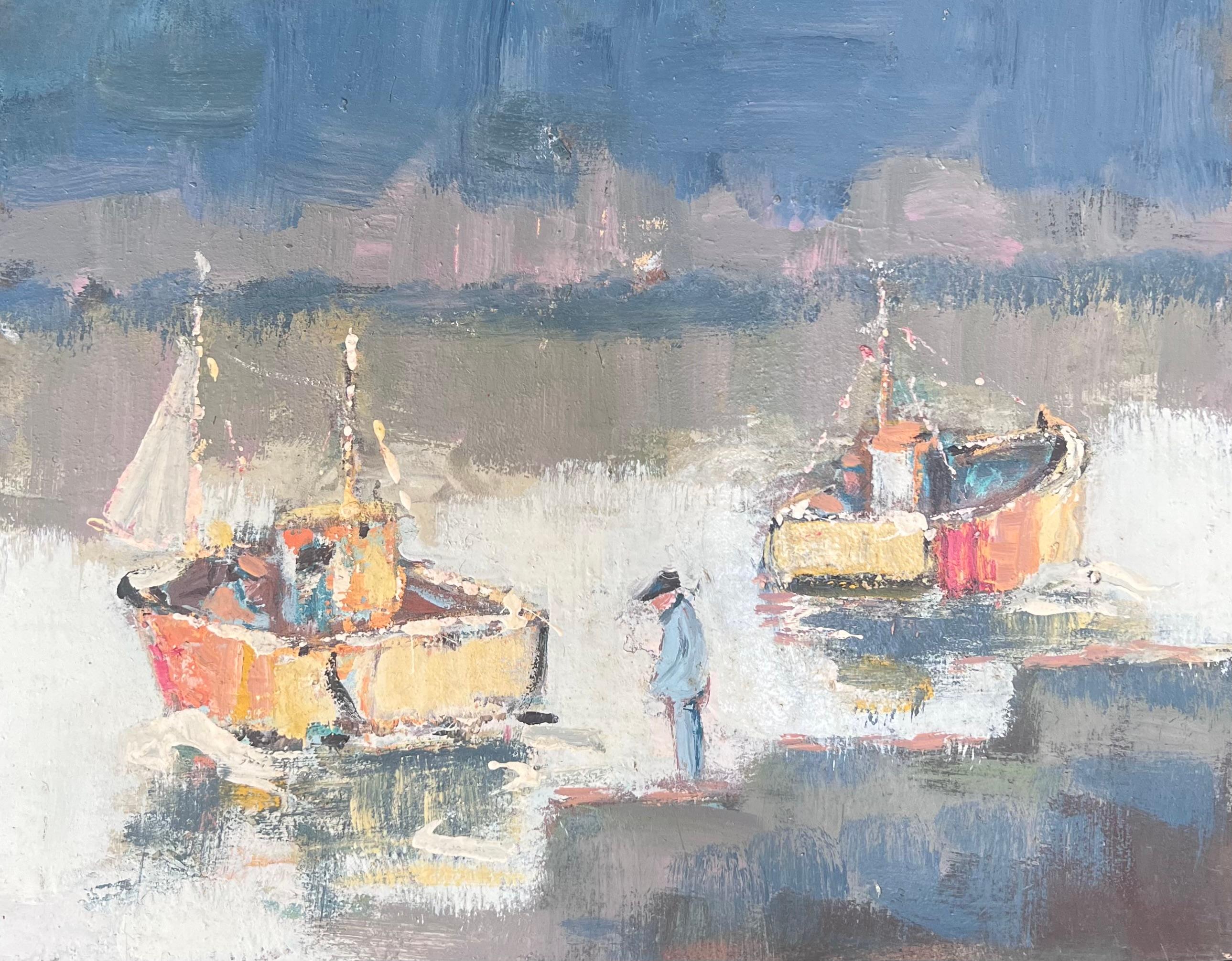 Figure & Two Bright Sailing Boats in French Landscape Oil Painting