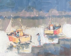 Figure & Two Bright Sailing Boats in French Landscape Oil Painting
