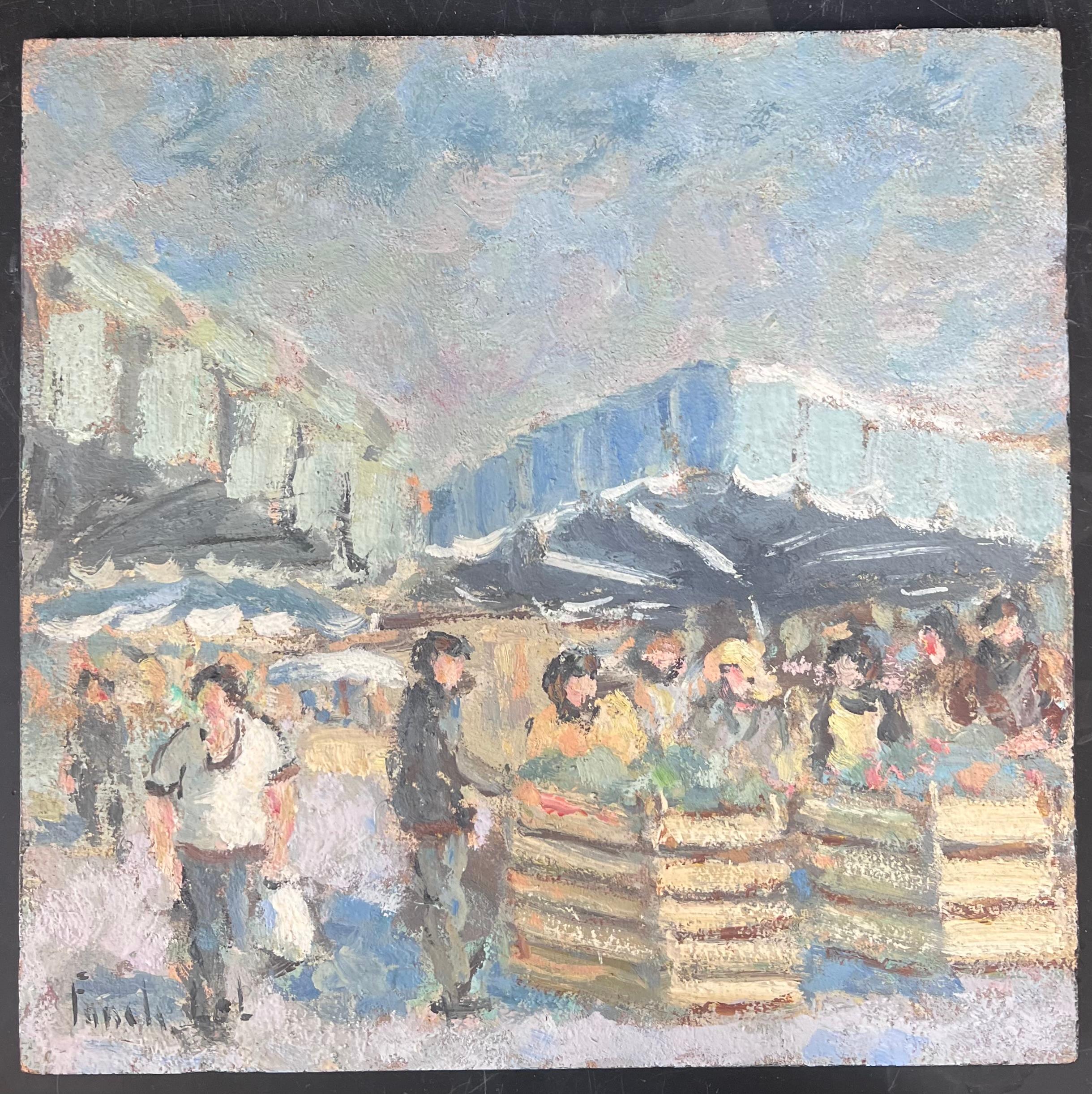 Figures At A Summers Days Fruit Market French Oil Painting - Gray Figurative Painting by Fanch Lel