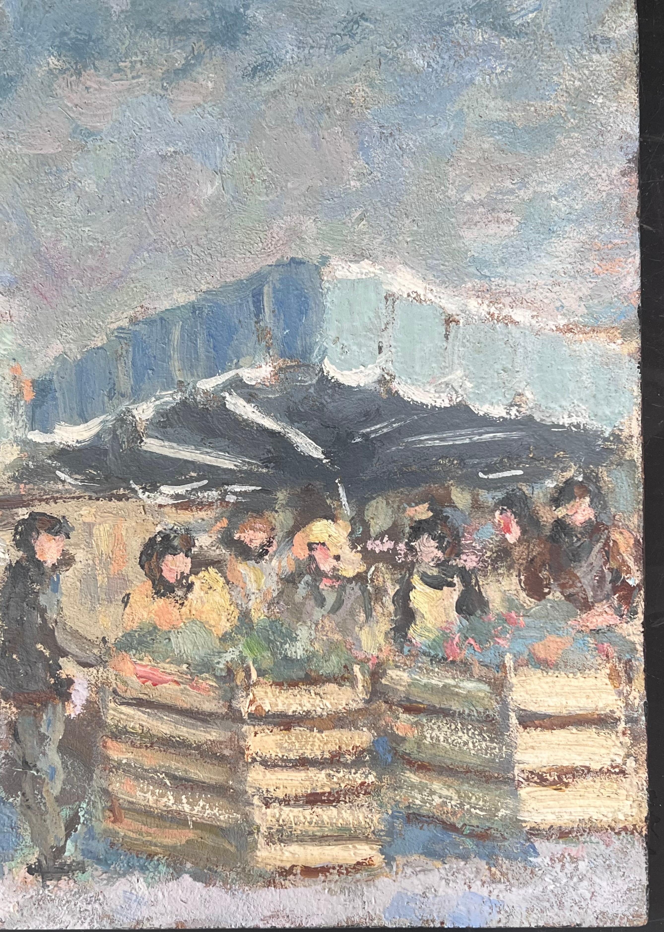 Fruit & Veg Market 
Signed by Fanch Lel
Size: 11.75 x 12 inches (height x width)
Oil painting on board, unframed
Condition: Good condition overall with minor surface handling marks and light wear to edges, consistent with its medium and vintage