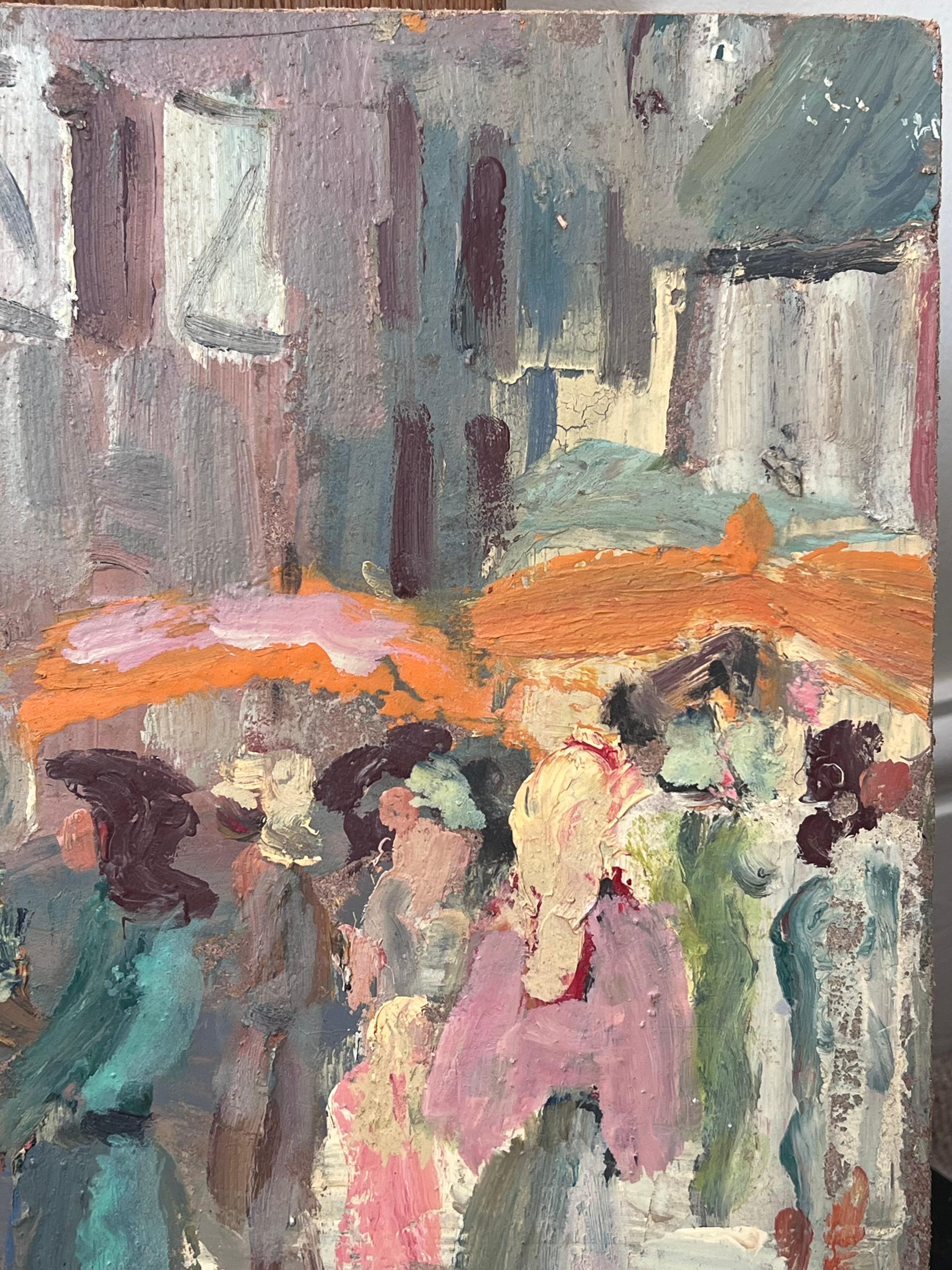 Figure al mercato francese dell'ombrellone in un giorno d'estate Pittura ad olio paesaggio - Painting di Fanch Lel