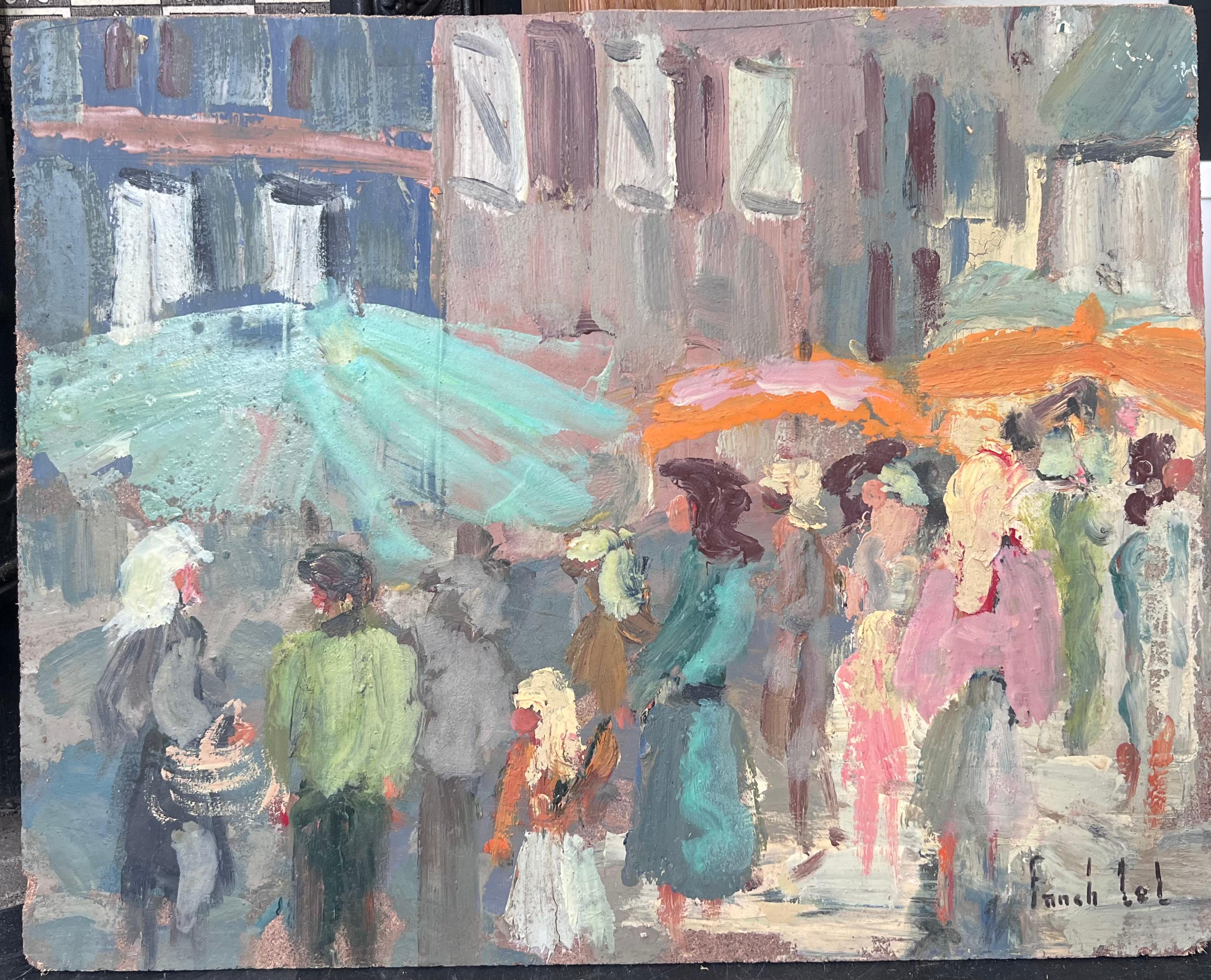 Figure al mercato francese dell'ombrellone in un giorno d'estate Pittura ad olio paesaggio in vendita 1