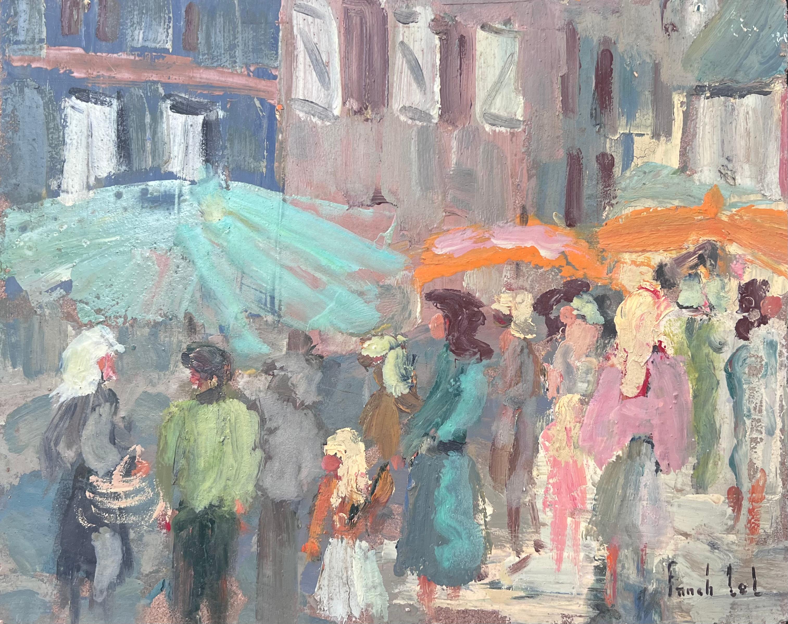 Figurative Painting di Fanch Lel - Figure al mercato francese dell'ombrellone in un giorno d'estate Pittura ad olio paesaggio