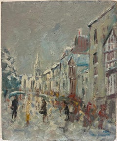 Figures Bustling In a French Street Scene on a Rainy Day Breton Oil Painting