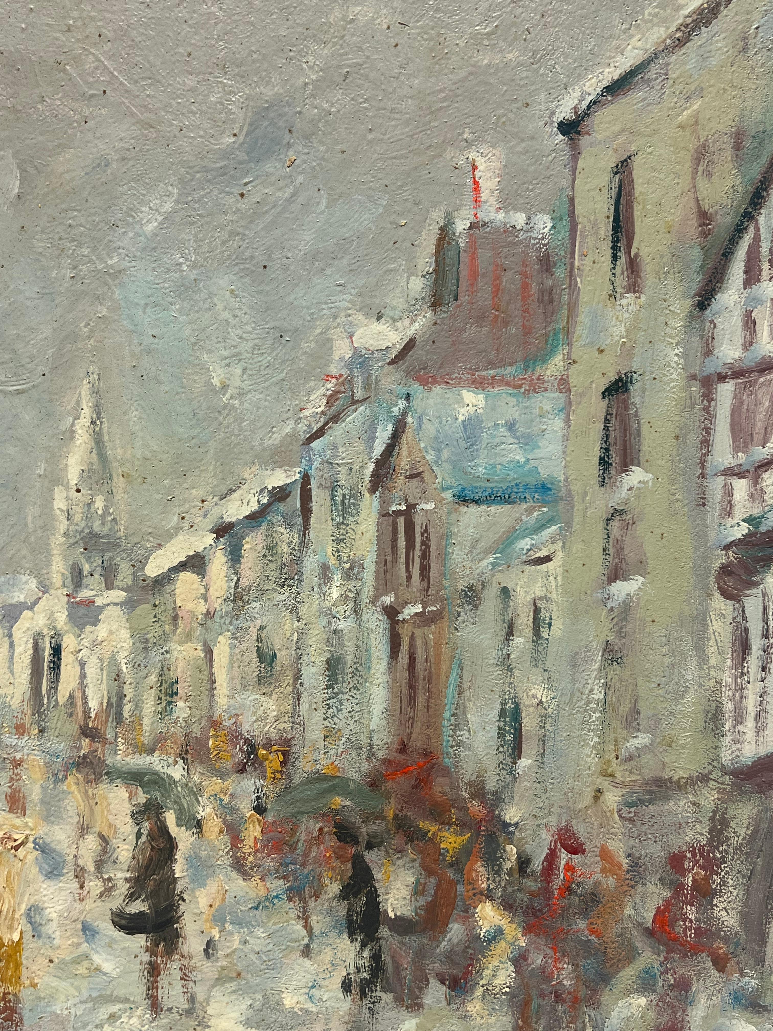 Figuras bulliciosas en una escena callejera francesa en un día lluvioso Pintura al óleo bretona - Painting Impresionista de Fanch Lel