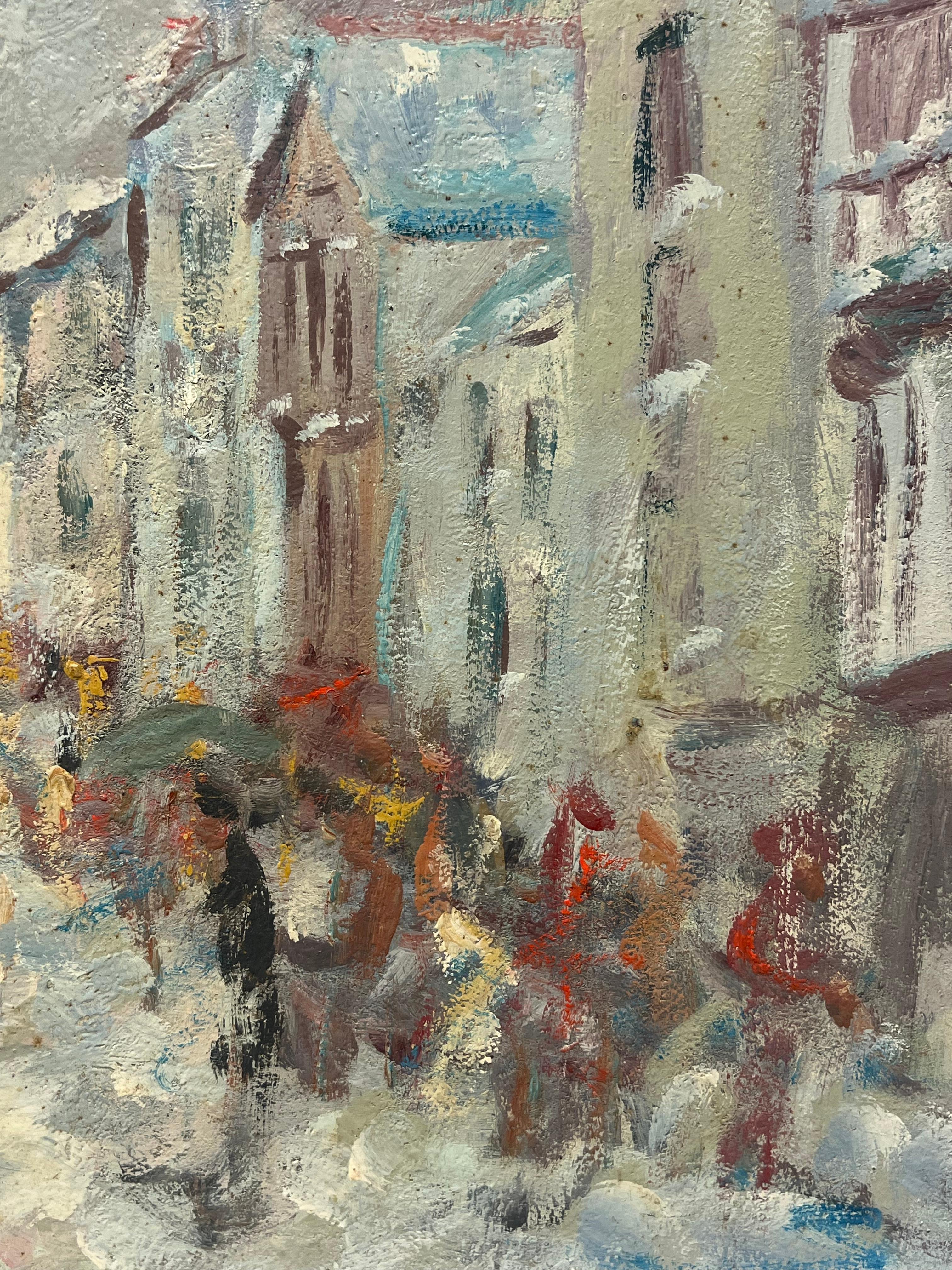 Figuras bulliciosas en una escena callejera francesa en un día lluvioso Pintura al óleo bretona en venta 1