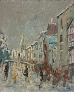 Figures s'emboîtant dans une scène de rue française sur une peinture à l'huile bretonne d'un jour pluvieux