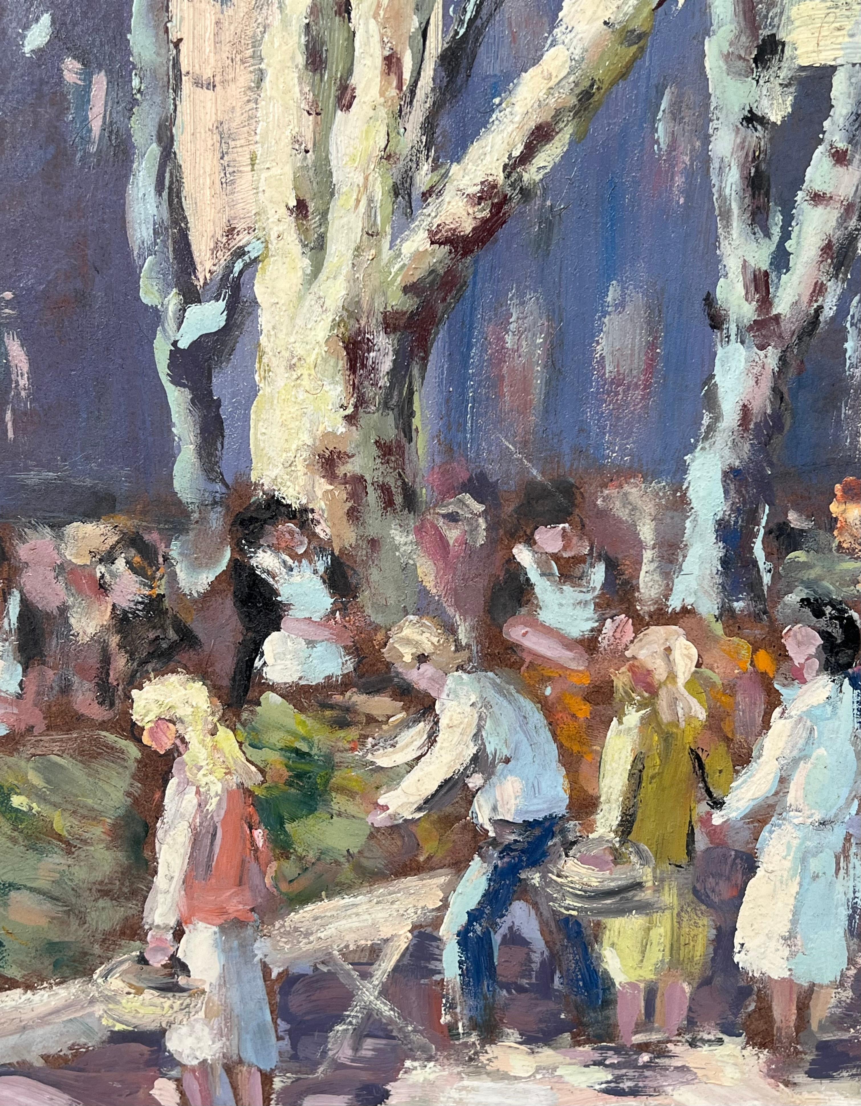 Figuras en el mercado francés bajo árboles blancos desnudos Pintura al óleo - Painting de Fanch Lel